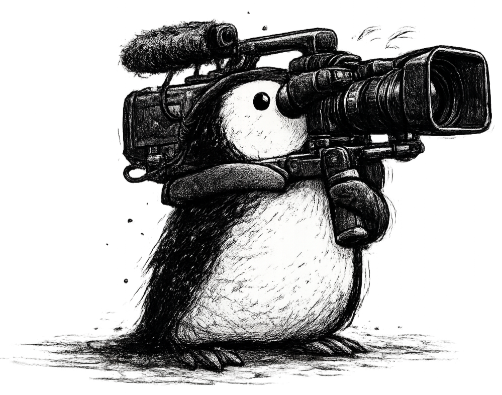 A penguin cartoon character holding a professional video camera with a microphone mounted on top, mounted on its shoulder.