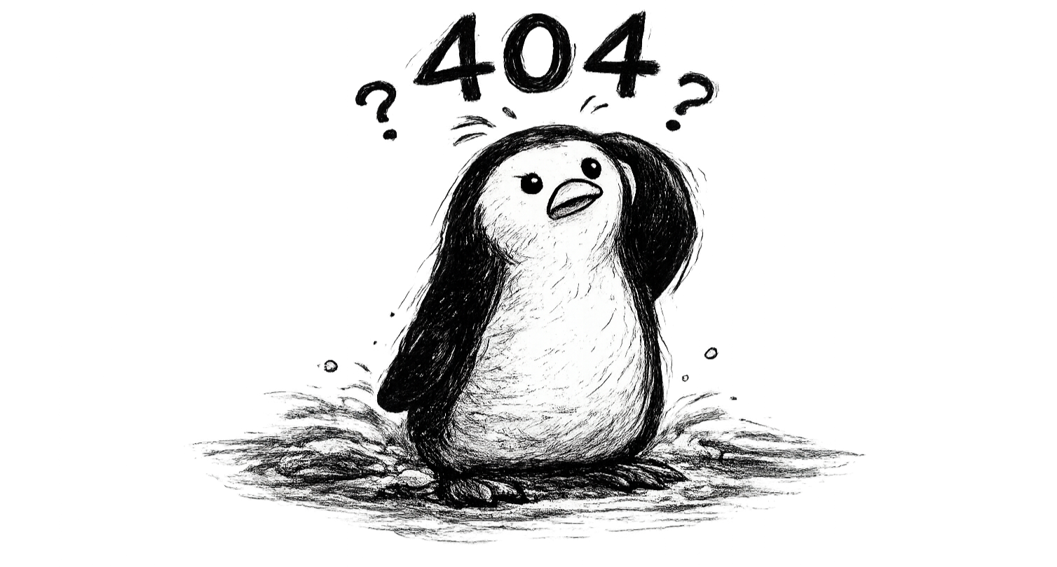 A black and white sketch of a cute penguin standing on a patch of ground. The penguin appears confused or curious, with question marks and '404' above its head.