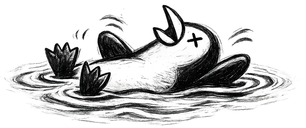 A black and white drawing of a dead or dying unicorn floating face down in water, with X's for eyes, a broken horn, and lily pads on the water.