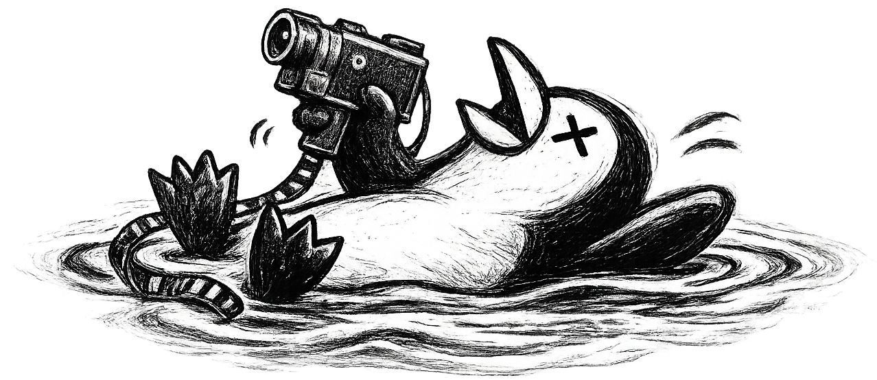 A cartoon-style drawing of a dead duck with a plus sign on its side, holding a handgun in one wing and a fuse connected to some explosives or firework-like objects near its head, floating on water with leaves nearby.