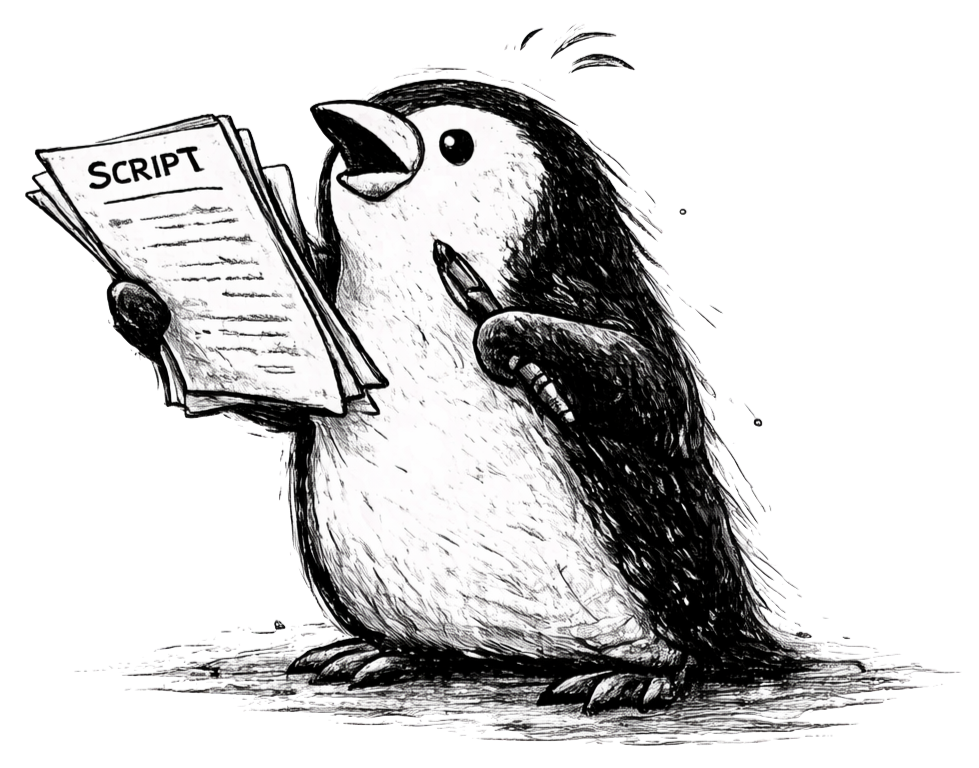 A penguin holding a script in one flipper and a marker in the other, appearing to read and write.