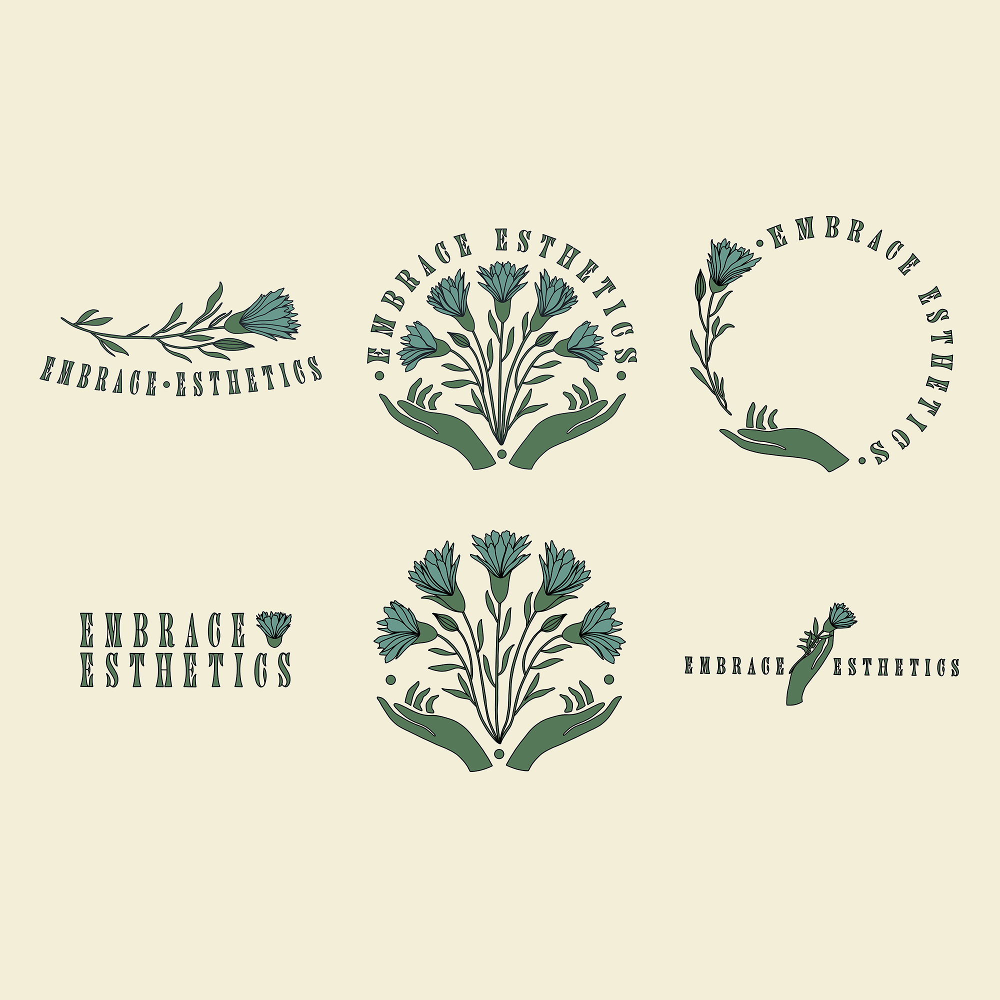 Collection of six logo designs featuring floral illustrations and the words "Embrace Esthetics" with variations and arrangements.