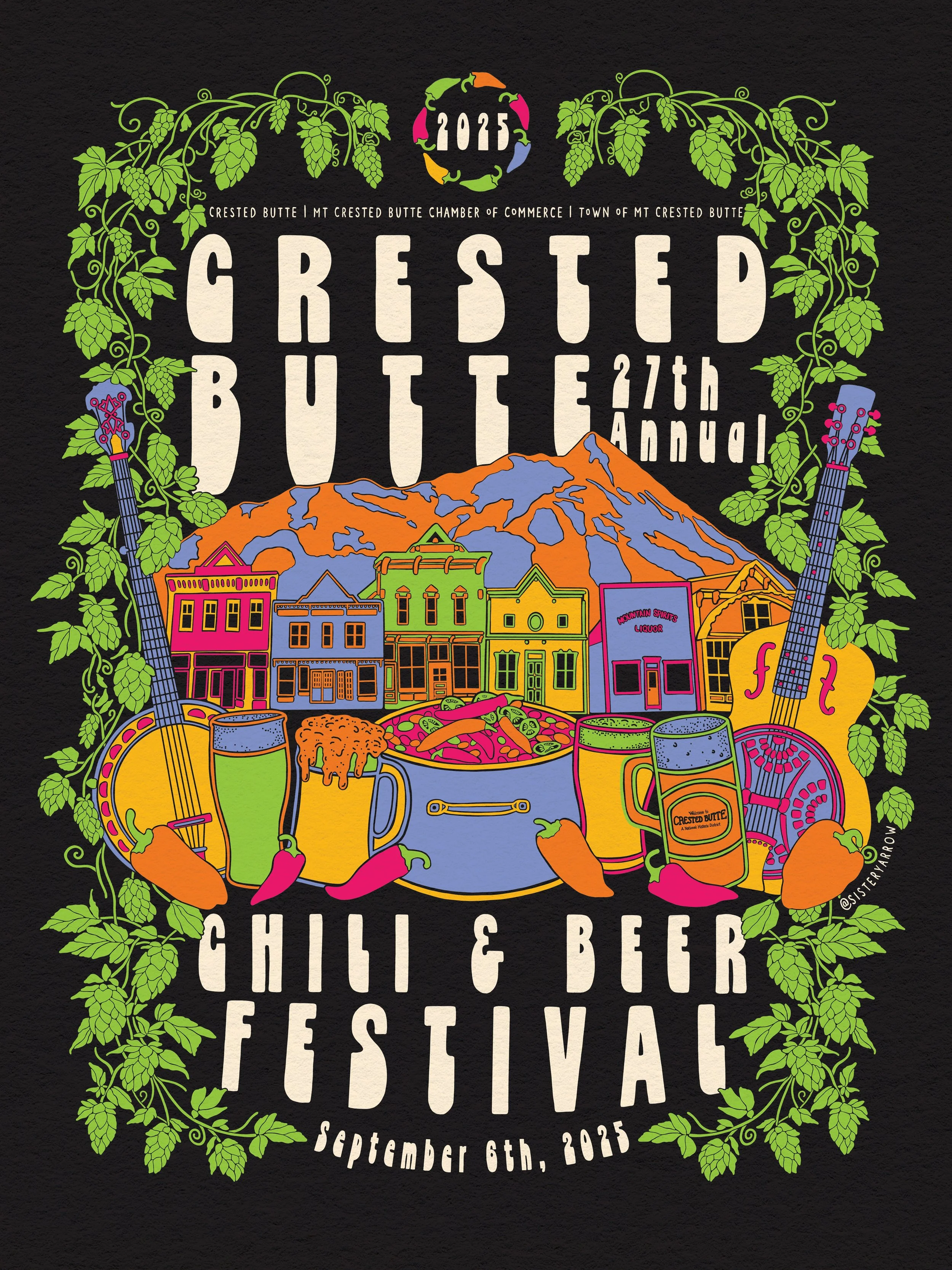 Colorful festival poster for the 27th annual Crested Butte Chili & Beer Festival on September 6th, 2015, featuring illustrations of mountains, town buildings, guitars, beer mugs, chili peppers, and hops, with green hop vines bordering the design.