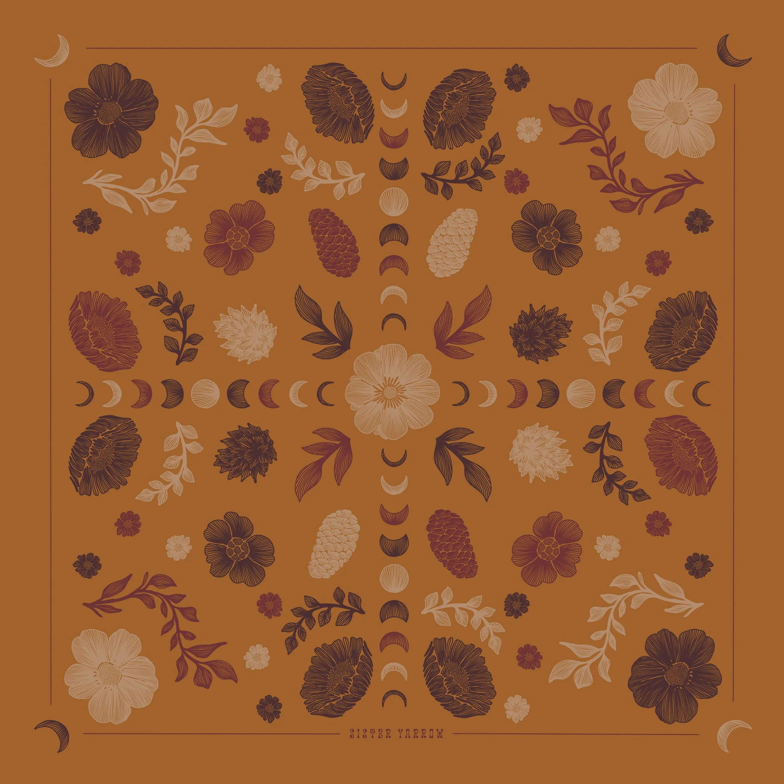 Decorative floral pattern with flowers, leaves, and moon phases on a brown background. The text 'SISTER YARROW' is at the bottom.