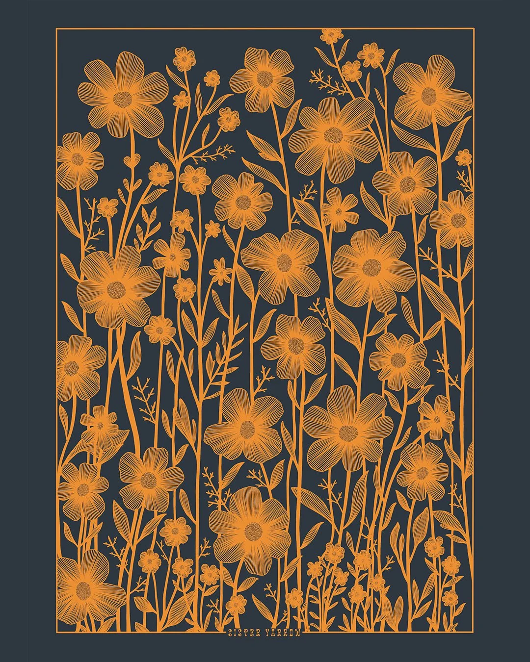 A decorative floral pattern with orange outlined flowers and leaves on a dark background, framed with a gold border. The text 'SISTER YARROW' is at the bottom.