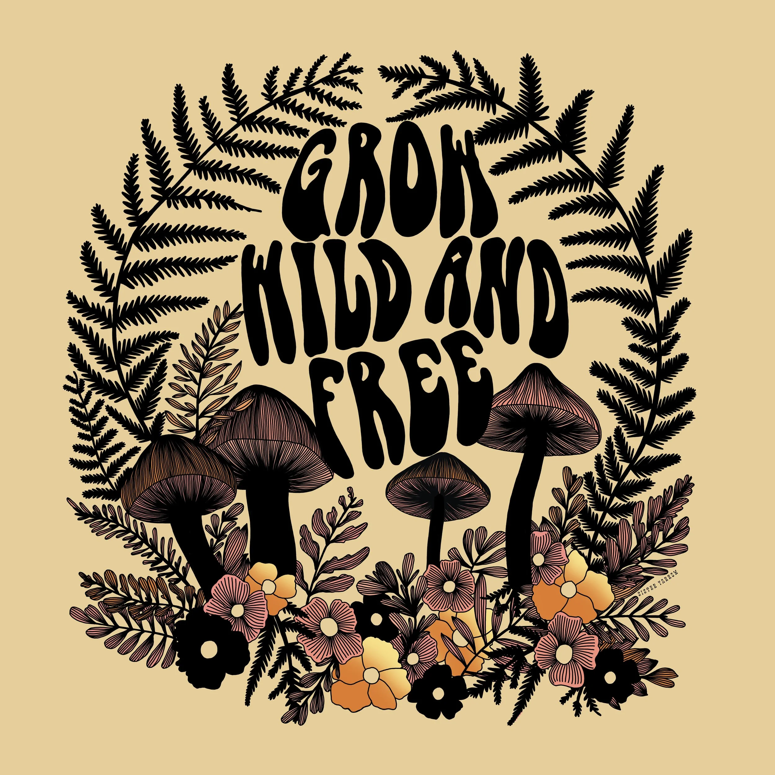 Illustration of mushrooms, flowers, and fern leaves surrounding the words 'God Knew and Free' in bold black lettering.