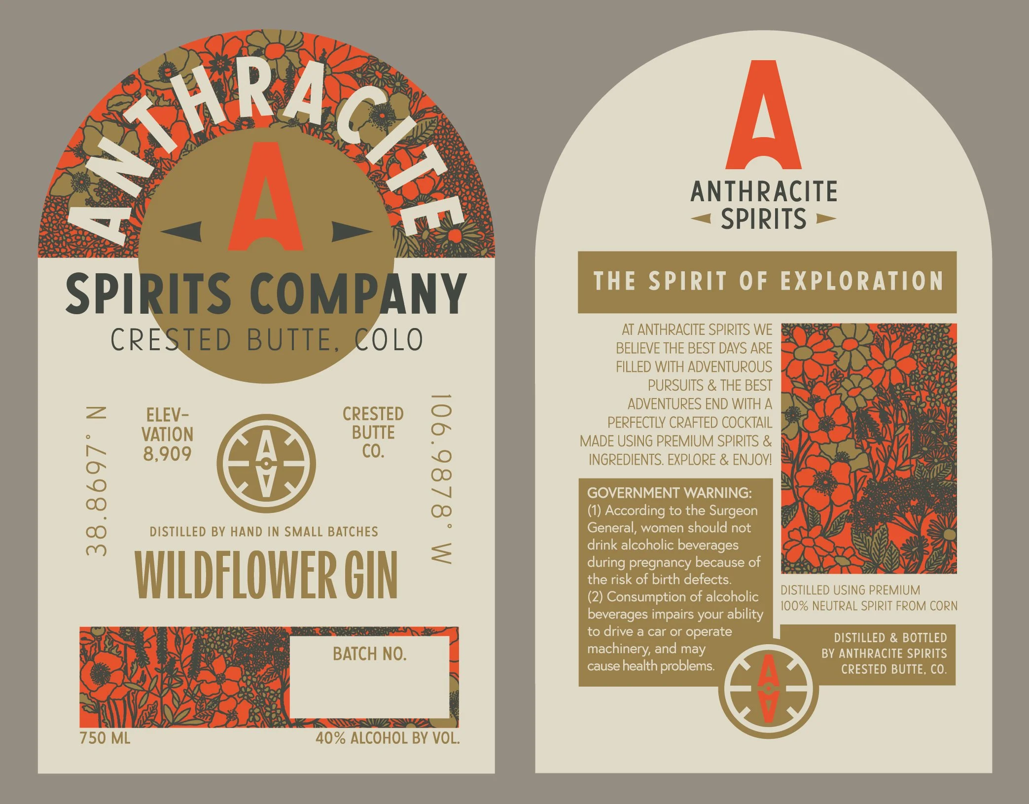 Label for Wildflower Gin from Anthracite Spirits, Crested Butte, Colorado. Features the brand logo, alcohol content of 40%, 750 ml volume, and a batch number section, with floral design accents.