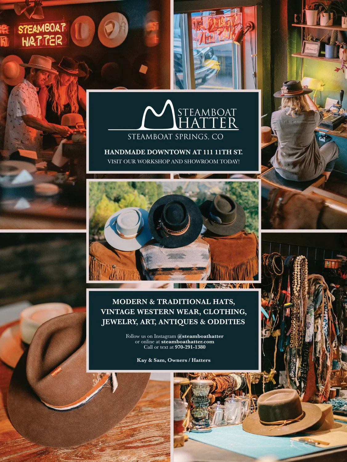 Collage of vintage hats, jewelry, and clothing at a boutique, with a sign for Steamboat Hatter in Steamboat Springs, Colorado, advertising handmade products and antique items, and people browsing inside and outside the shop.