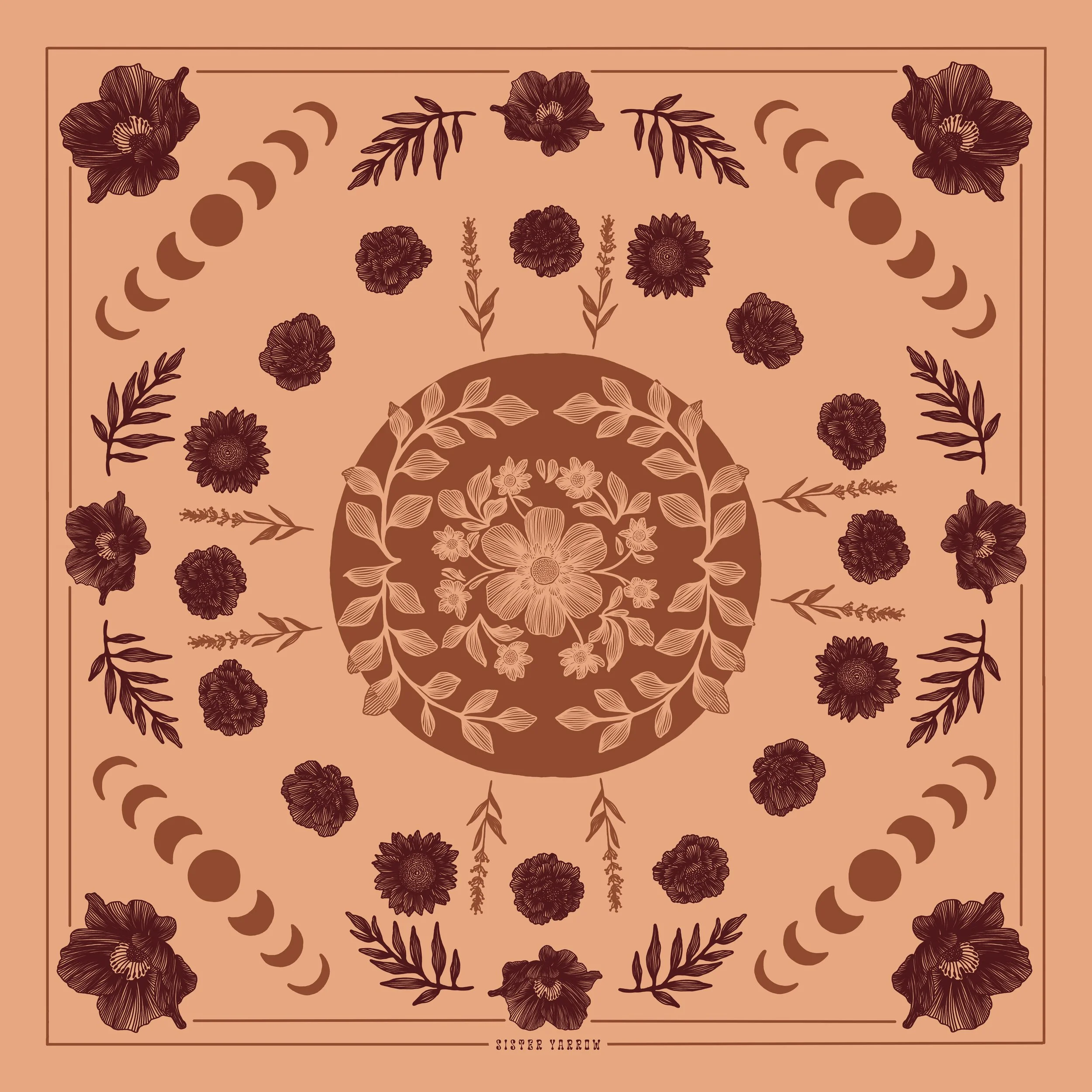 A decorative floral pattern with a symmetrical arrangement of flowers, leaves, and phases of the moon on a beige background.