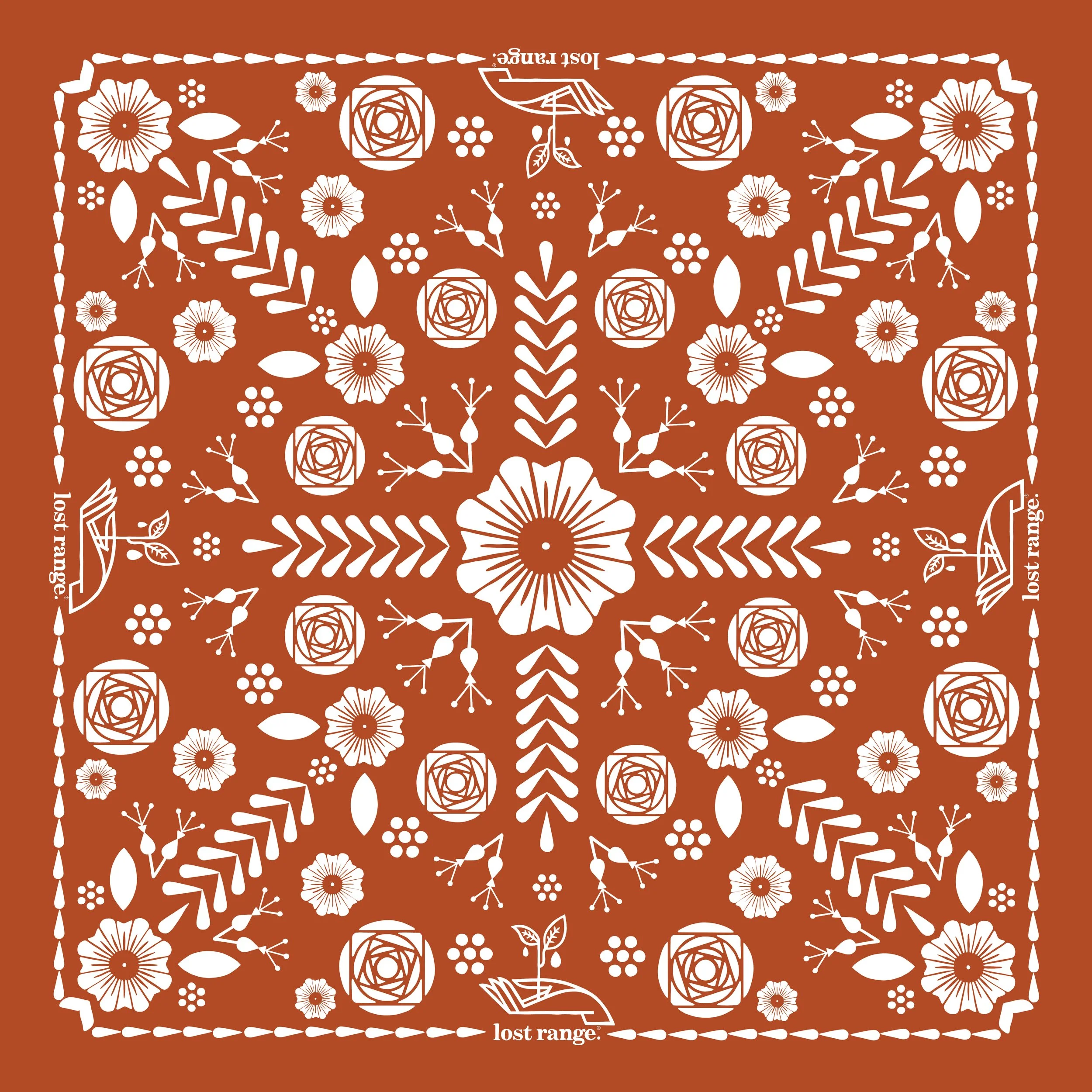 Pattern of white floral and leaf designs on a brown background with the text "lost range" in four corners.