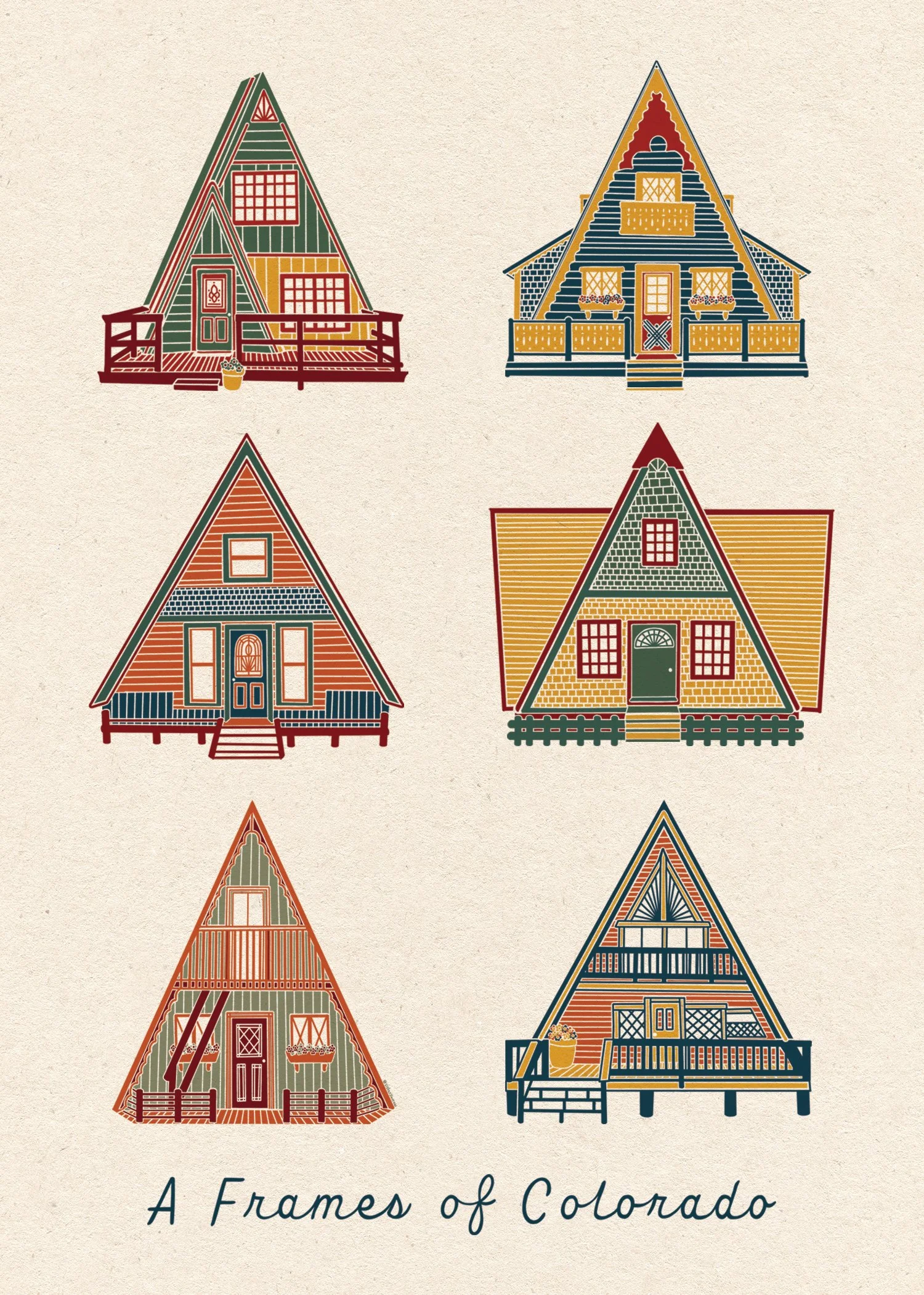Illustration of six colorful, stylized Colorado A-frame houses with different architectural details, arranged in a 2x3 grid, with the text "A Frames of Colorado" at the bottom.