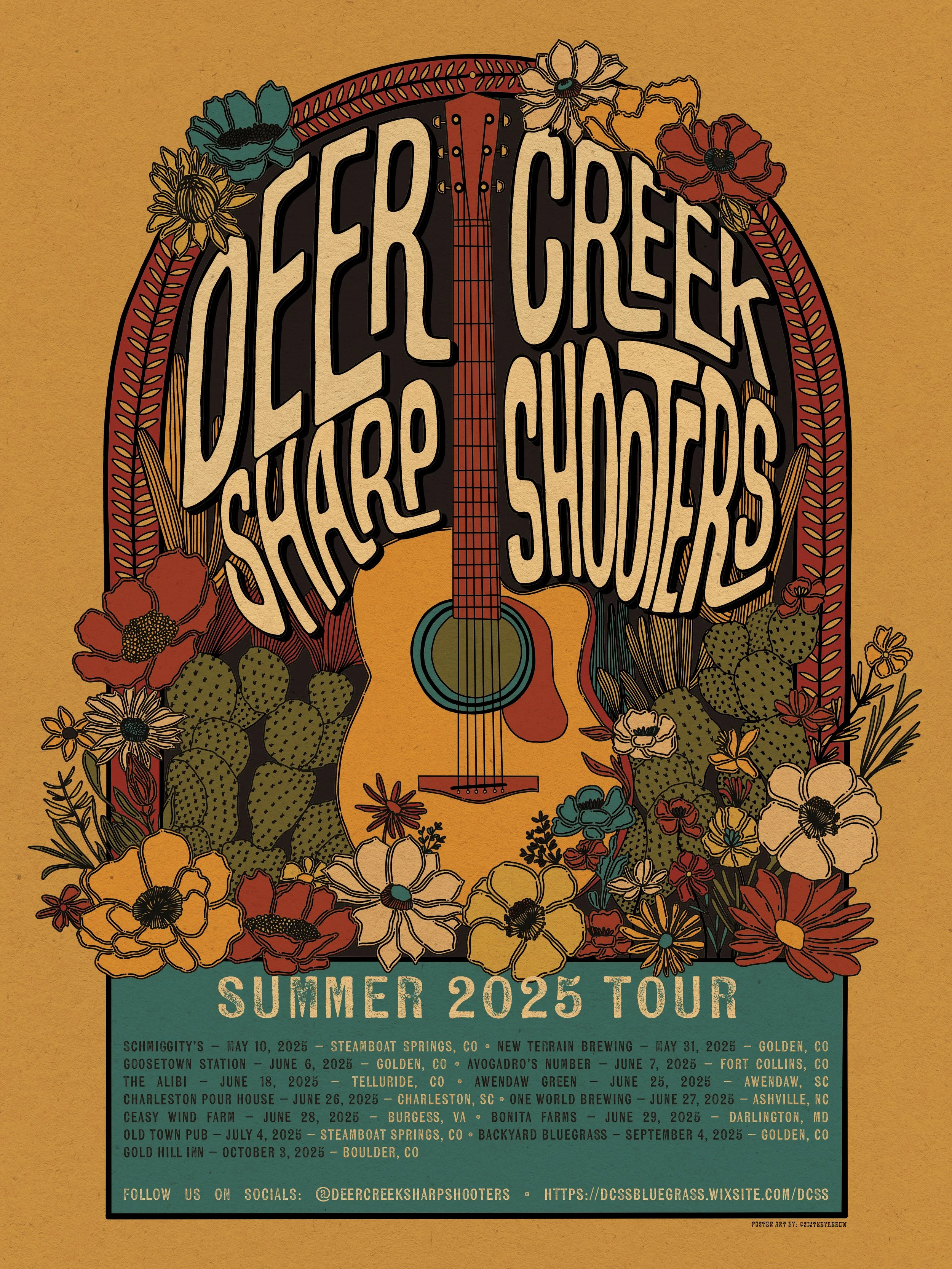 Poster for Deer Creek Sharpshooters Summer 2025 Tour featuring a guitar surrounded by flowers and cacti, with tour details and dates listed.