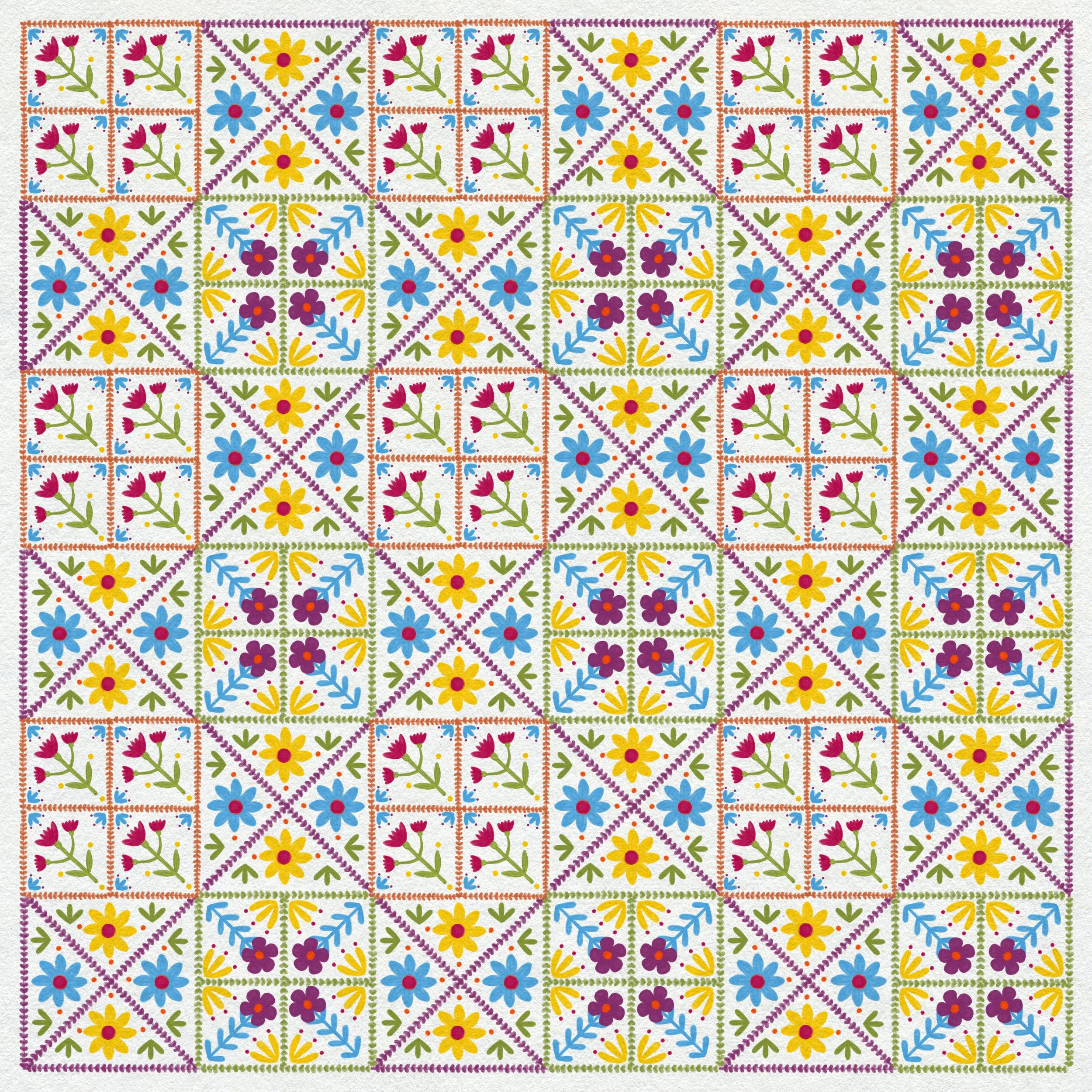 Colorful floral pattern with alternating squares of pink, yellow, purple, and blue flowers, arranged in symmetrical, grid-like design.
