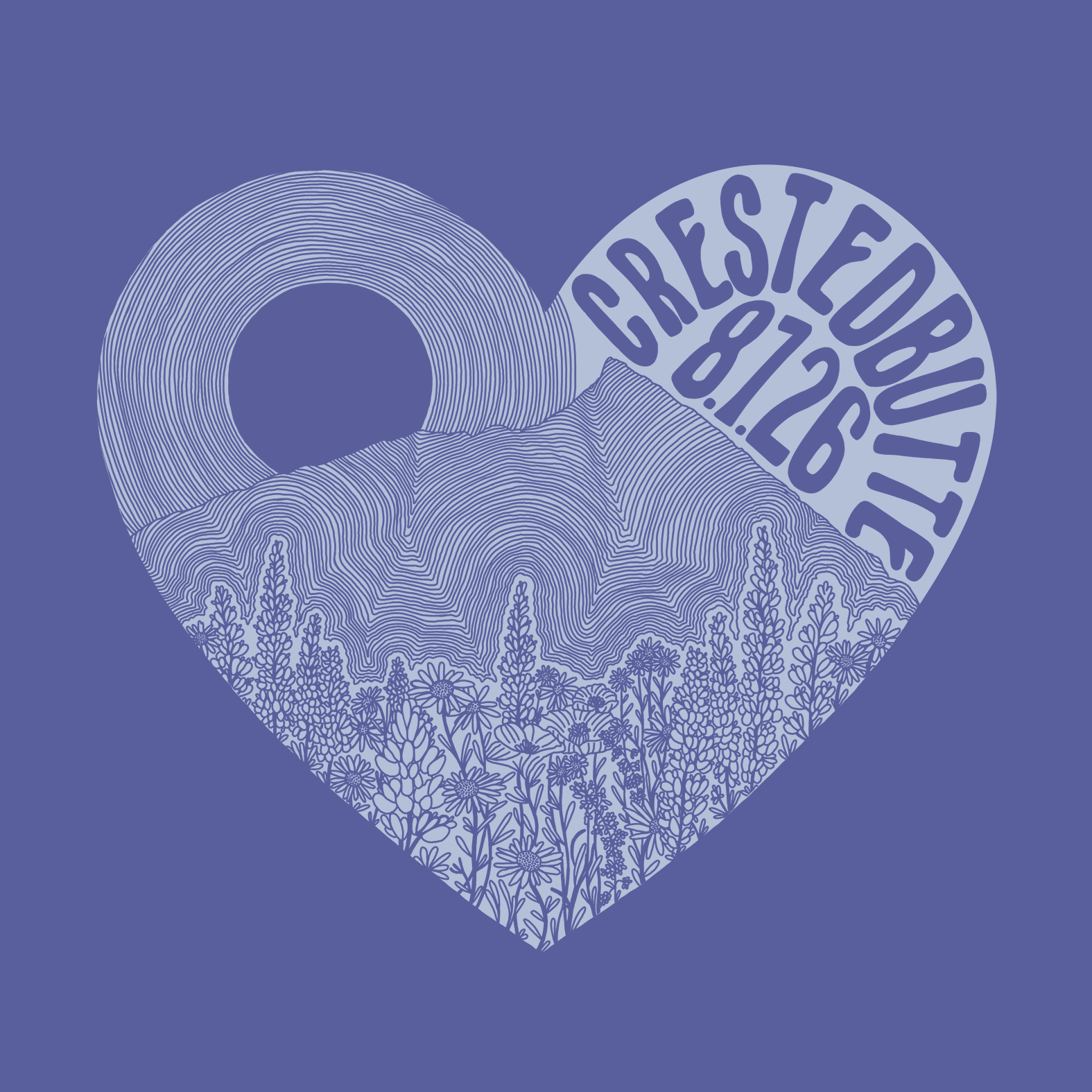 A stylized line art illustration of a mountain landscape with flowers at the base inside a heart shape, with text "Crested Butte 8.12.25" curved around the mountain.