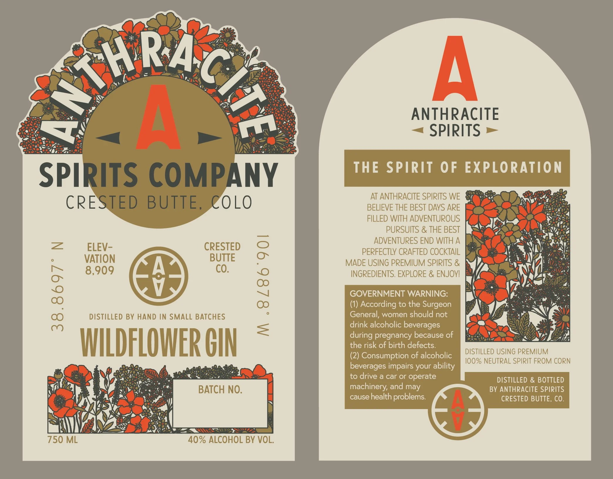 Label for anthracite spirits Wildflower Gin featuring floral design, brand logo, product description, alcohol content, volume, batch number, and government warning.