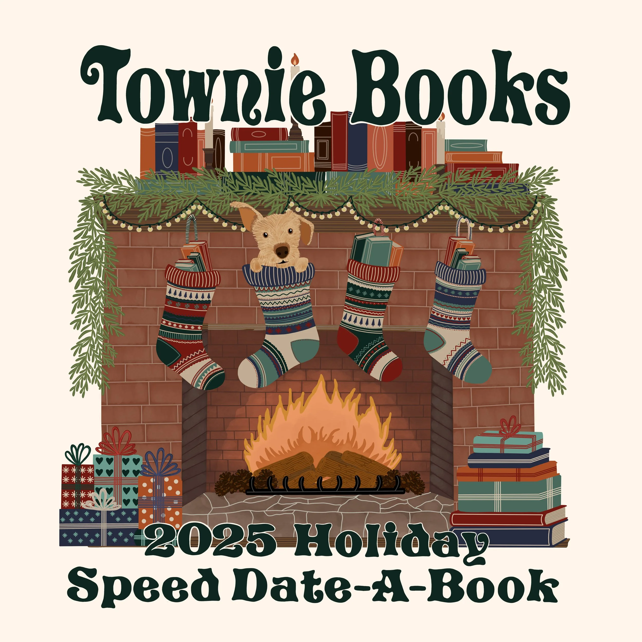 Holiday-themed book cover with a fireplace, decorated stockings, a dog in a stocking, wrapped presents, and a fire.
