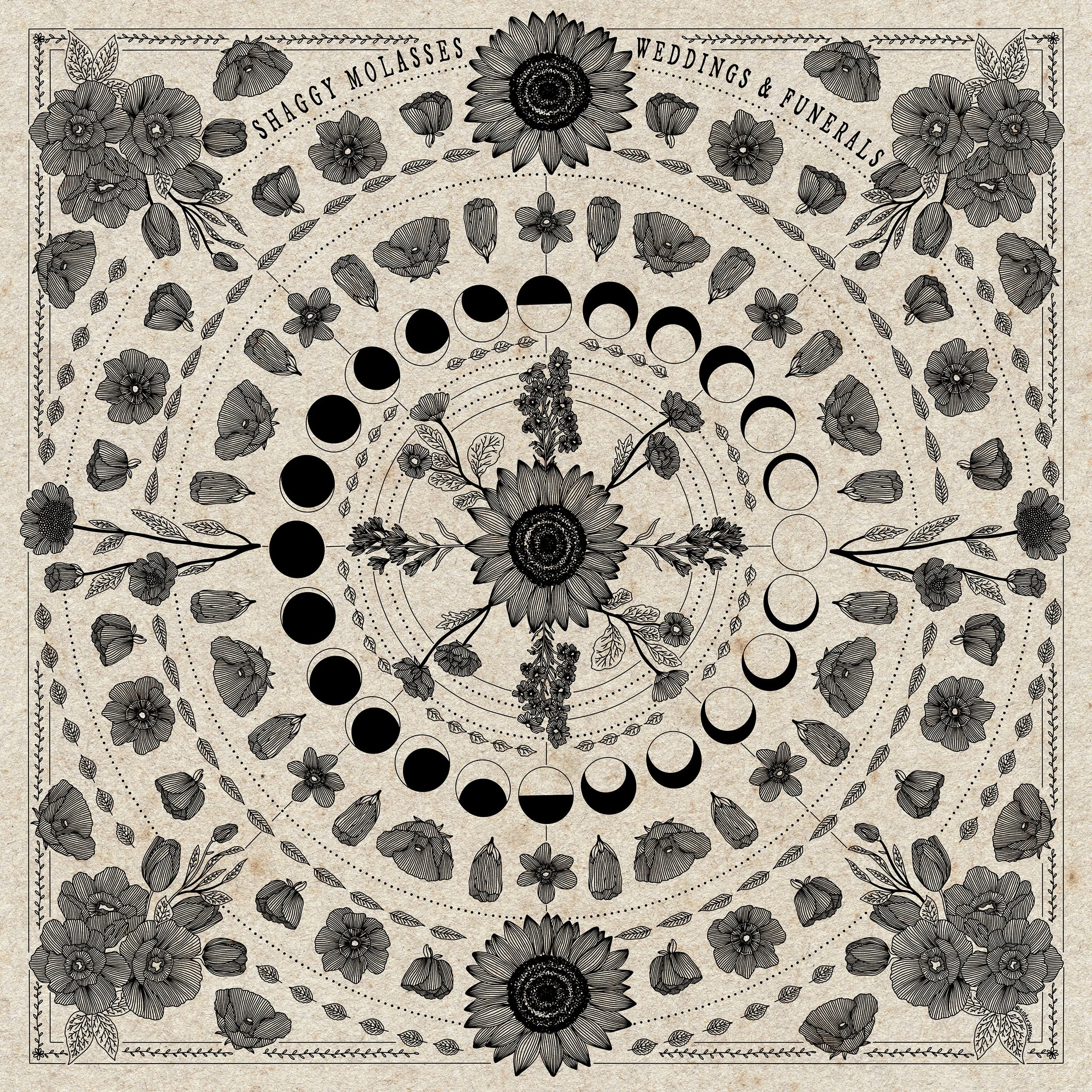 A decorative design featuring the phases of the moon arranged in a circle, with floral patterns of sunflowers and other flowers around the edges. The top text reads 'Shaggy Molasses Weddings & Funerals'.