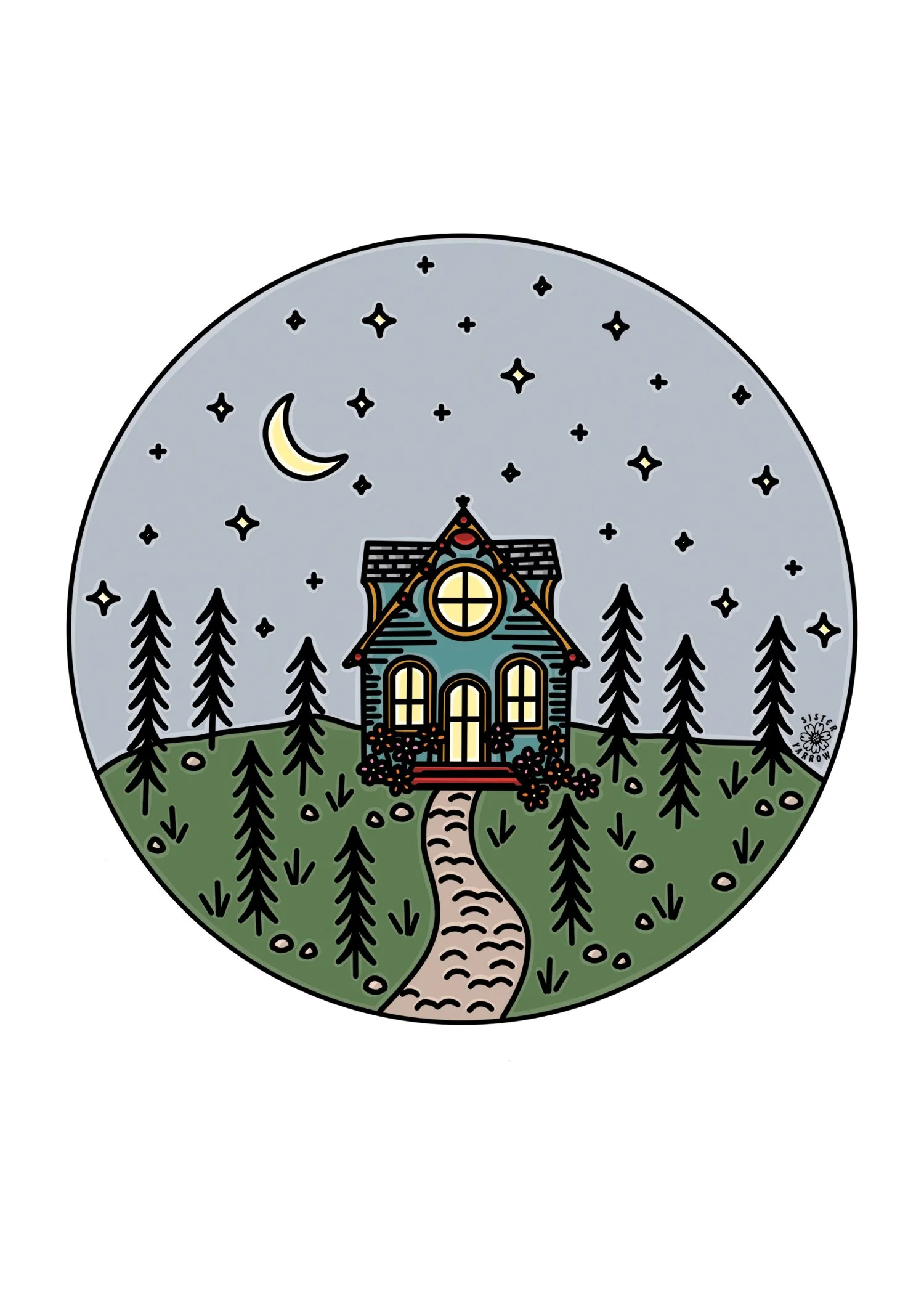 Illustration of a cozy house surrounded by pine trees at night, under a starry sky with a crescent moon.