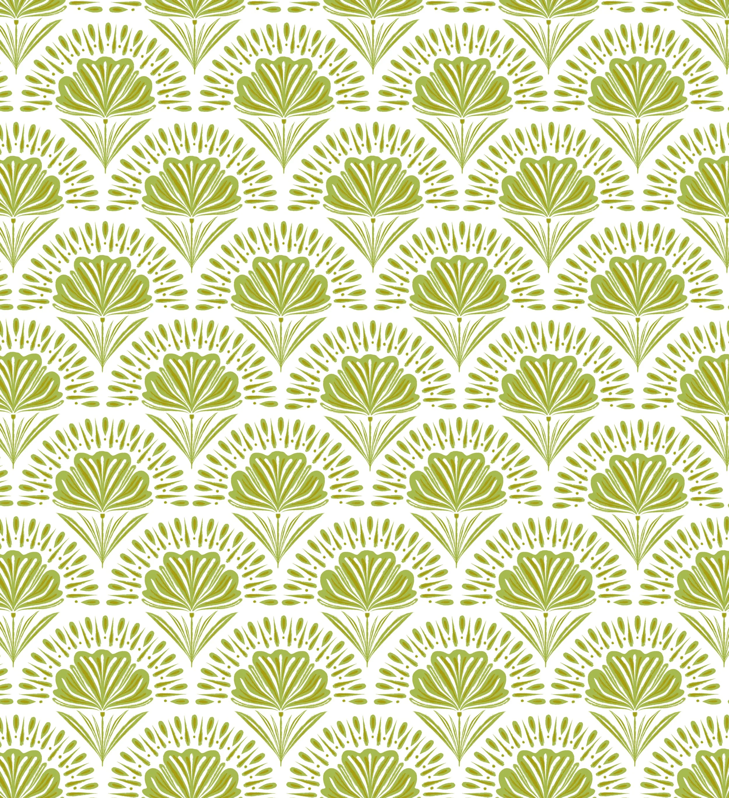 A repeating pattern of stylized green and gold shells and fan shapes, arranged in horizontal rows with white background.