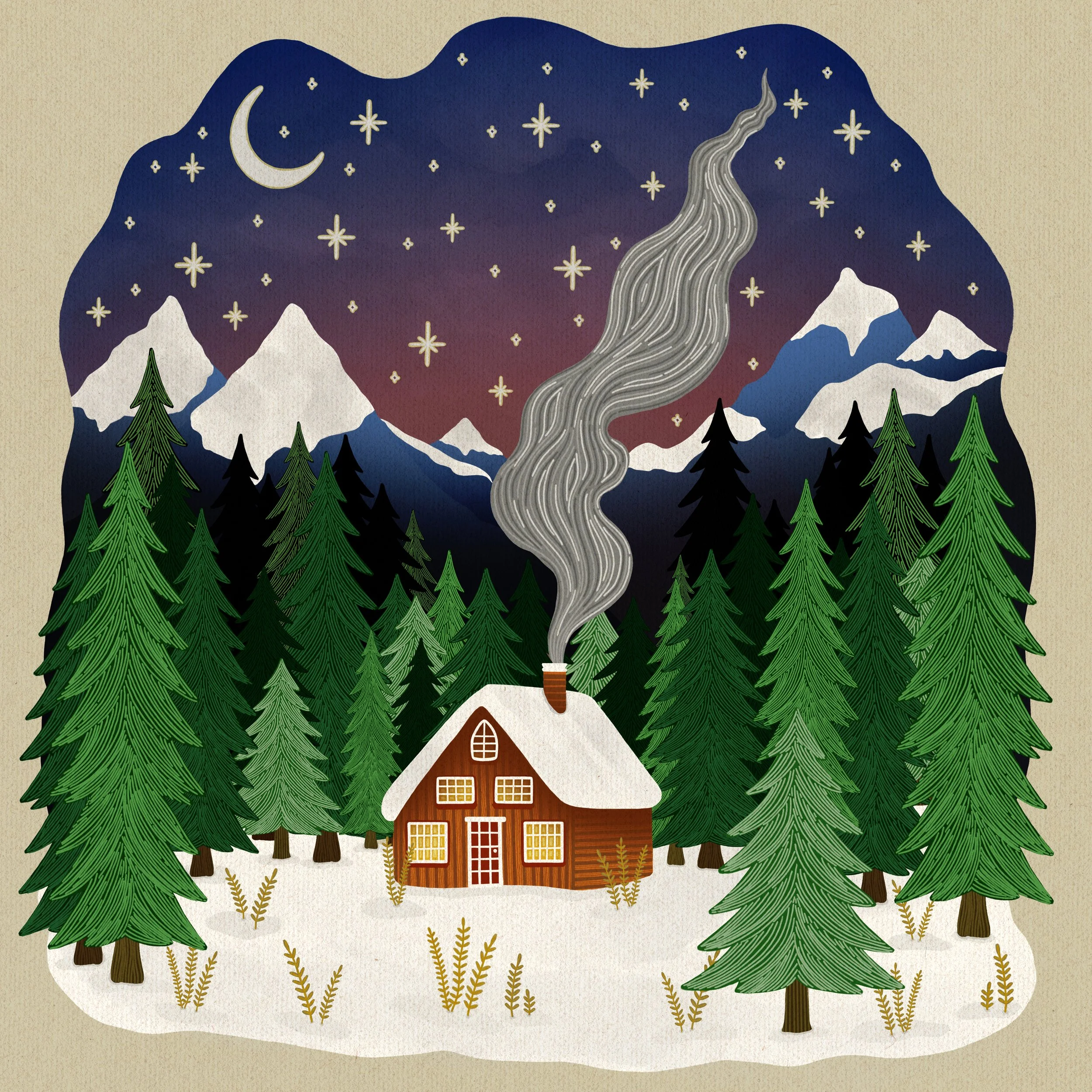 A cozy cabin surrounded by pine trees in a snowy landscape with mountains and a starry night sky.