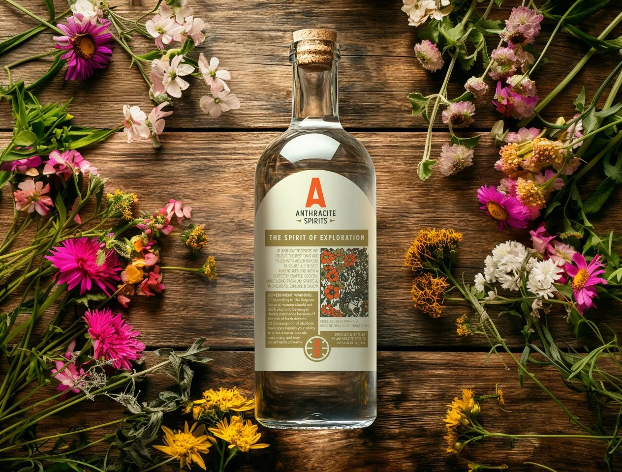 A clear glass bottle of Anthracite Spirits with a cork top, labeled "The Spirit of Exploration," on a wooden surface surrounded by colorful wildflowers including pink, white, and yellow blossoms.