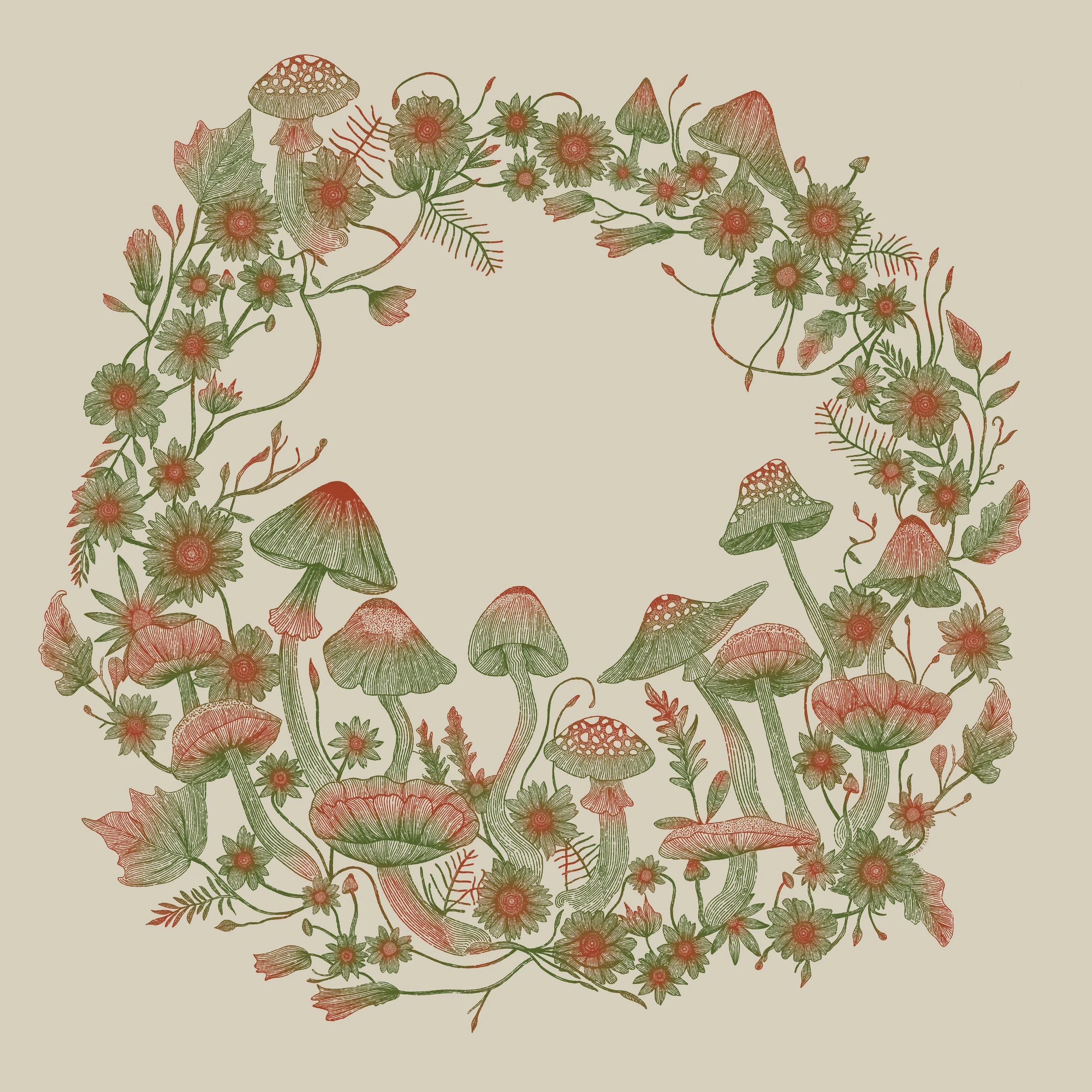 Illustration of mushrooms and flowers arranged in a circular pattern on a beige background.
