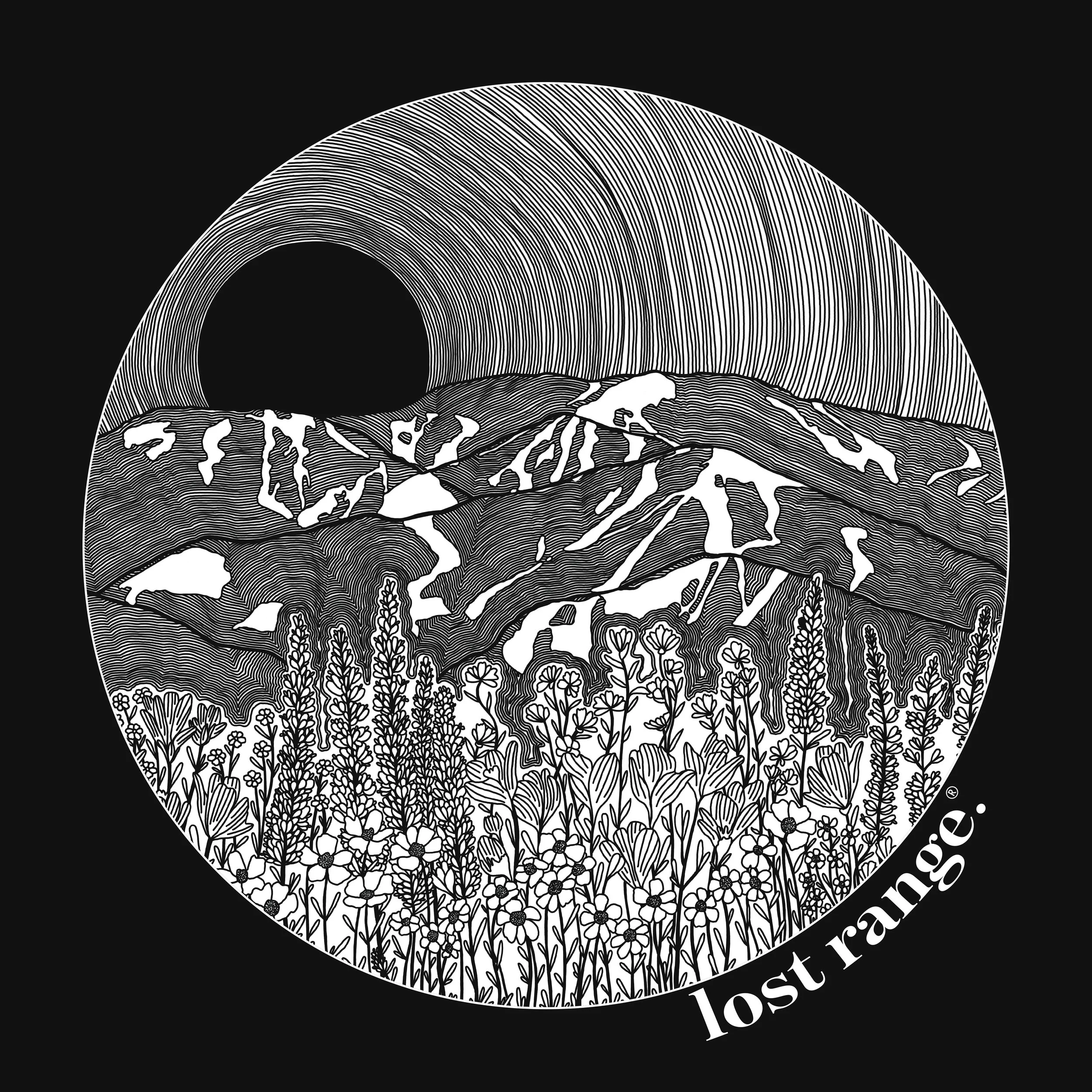 Black and white line drawing of a mountain range with snow patches, a field of wildflowers in the foreground, and a crescent moon in the sky, with the words "lost range" at the bottom right.