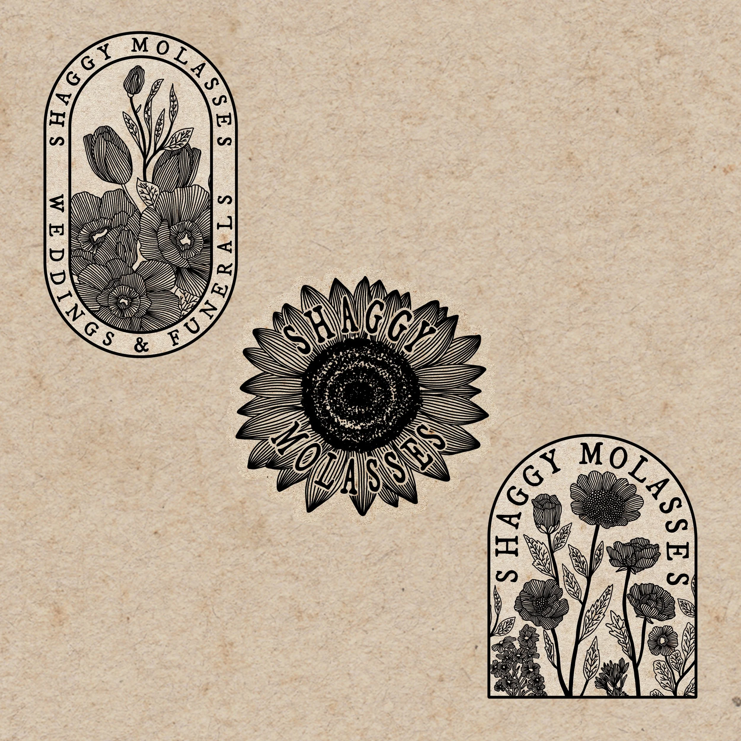 Three black and white floral logos with the words 'Shaggy Molasses' on a beige textured background. The logos feature detailed flower illustrations.