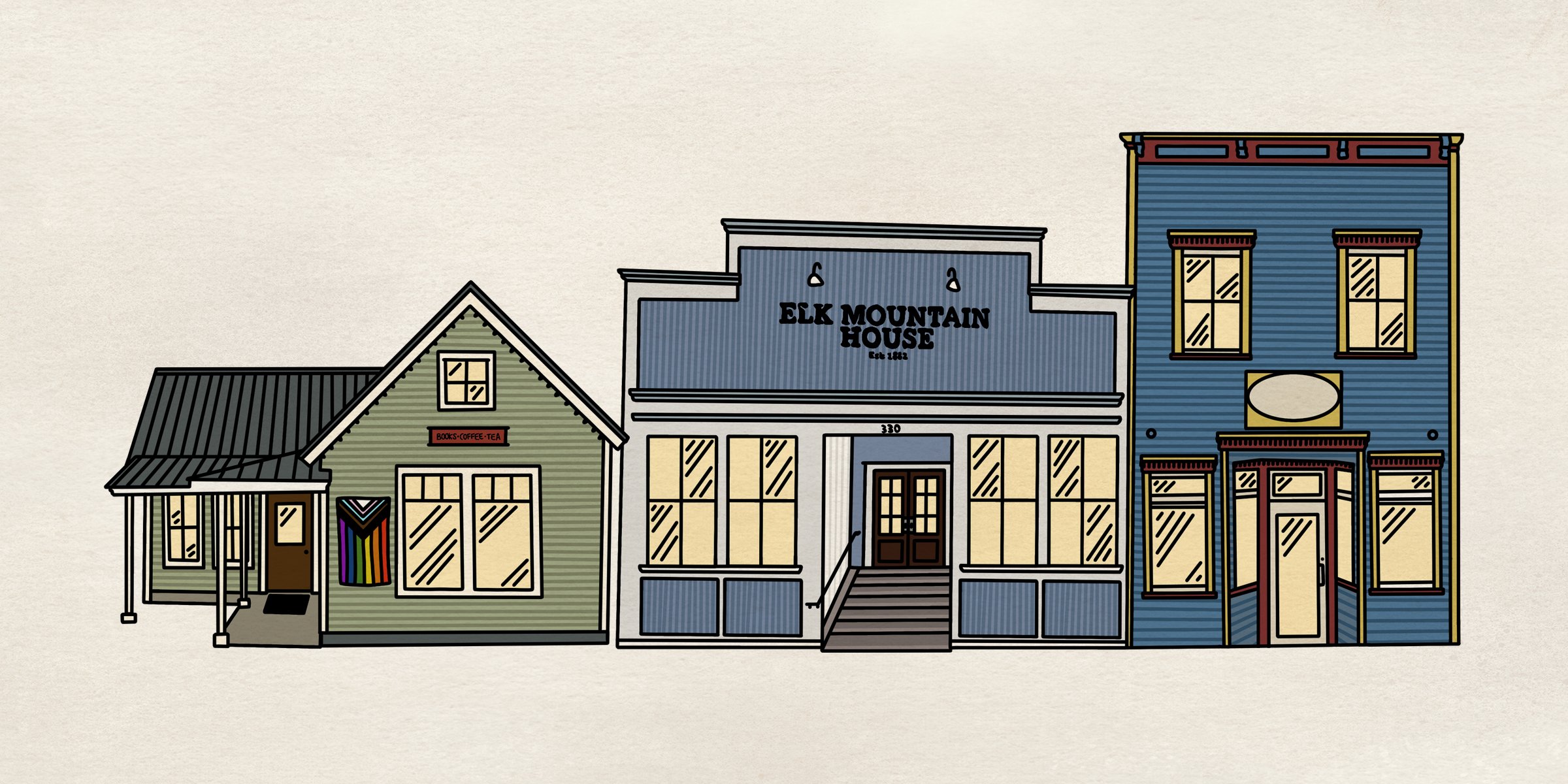 Drawing of three different colored storefronts including a green shop with a rainbow flag, a gray building labeled 'Elk Mountain House,' and a blue building with a gold oval sign.
