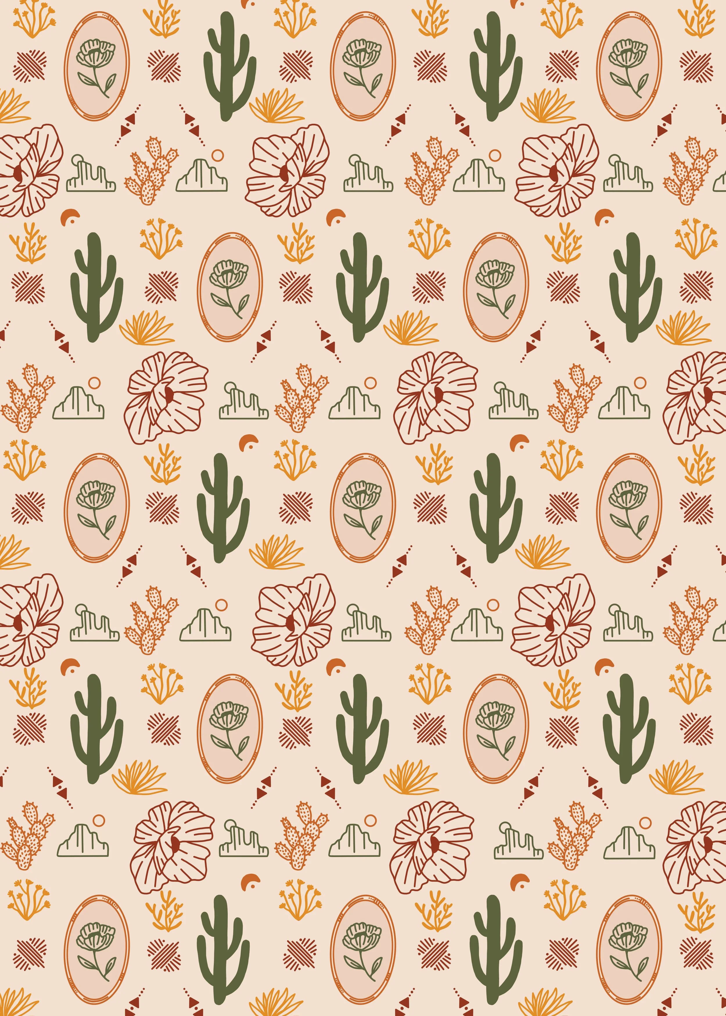 A seamless pattern with desert-themed illustrations including green cacti, brown and orange flowers, framed flowers, small mountain shapes, and abstract designs in shades of green, brown, orange, and beige.