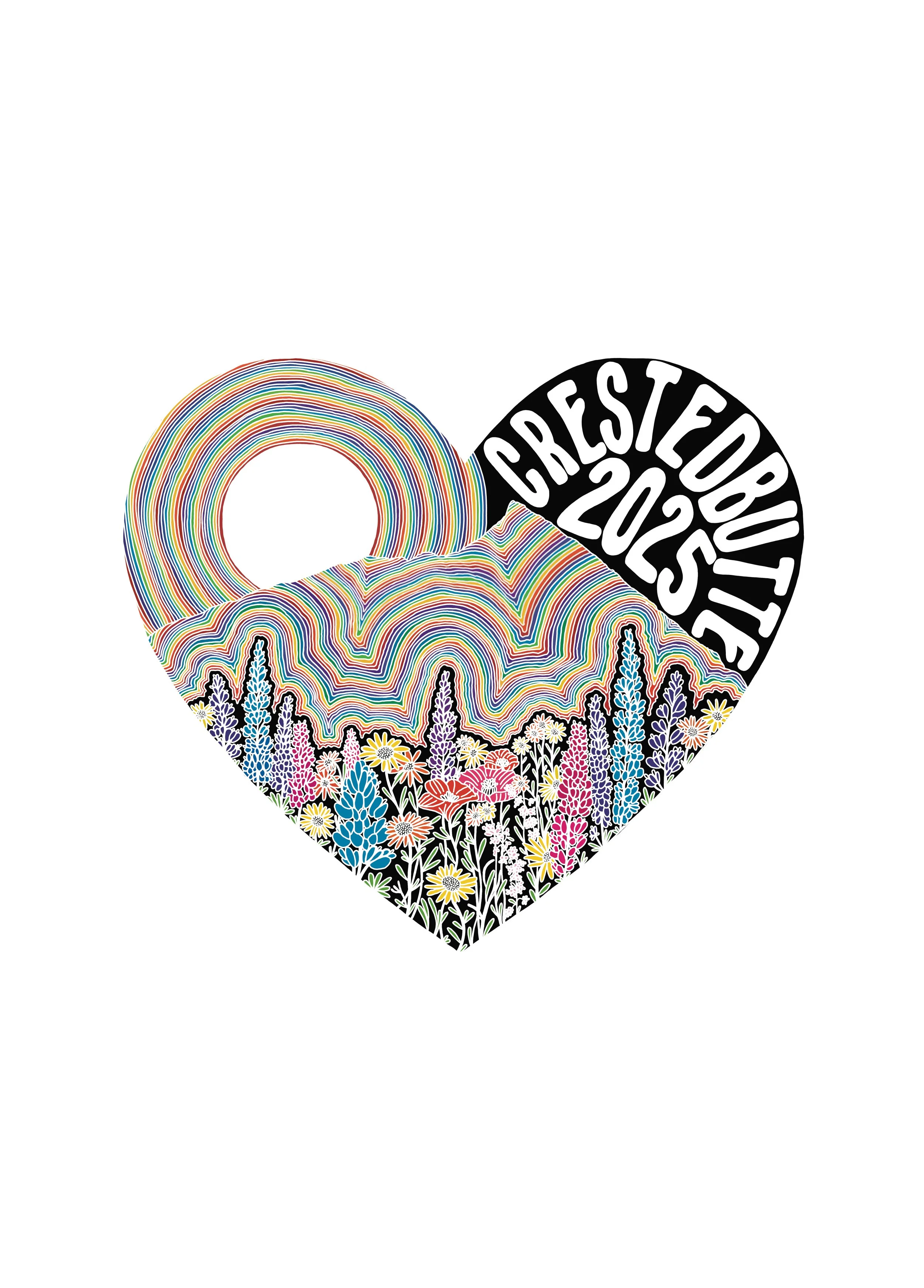 A colorful heart-shaped design with a rainbow pattern, a field of various flowers and plants at the bottom, and the words "Crested Butte 2025" in bold white letters on a black circle near the top right, indicating the Crested Butte in 2025.