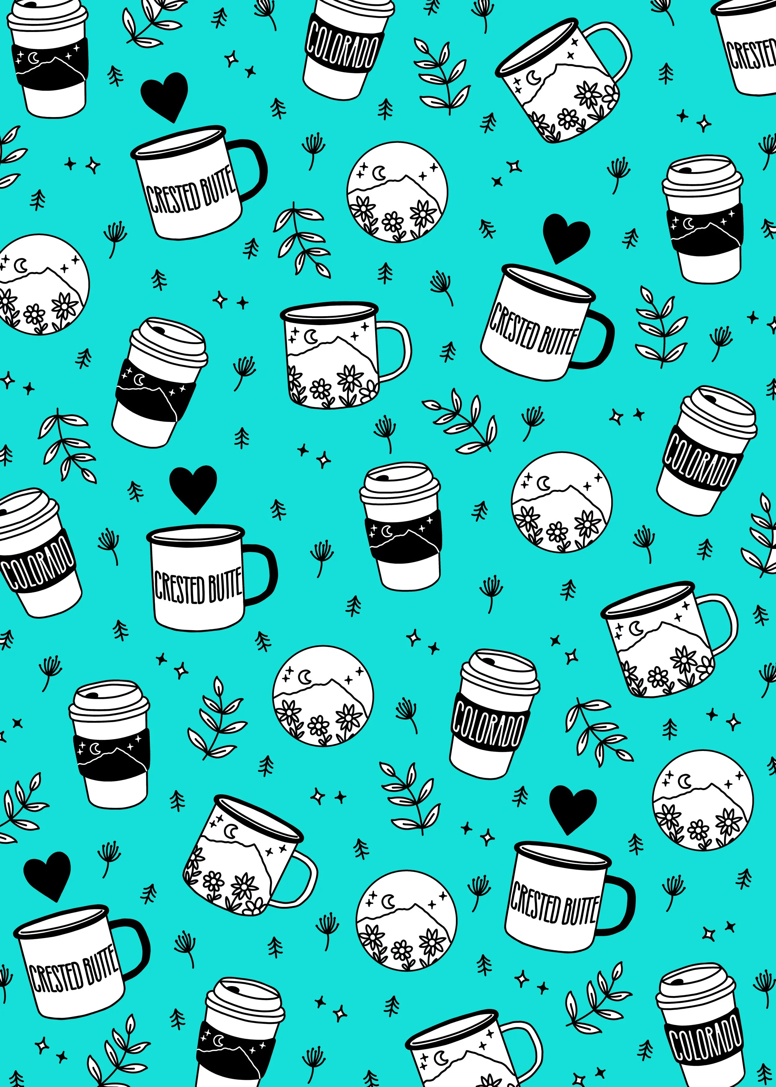 Pattern of black and white illustrations of coffee cups, travel mugs, and round images of mountain landscapes with flowers, set against a bright turquoise background.