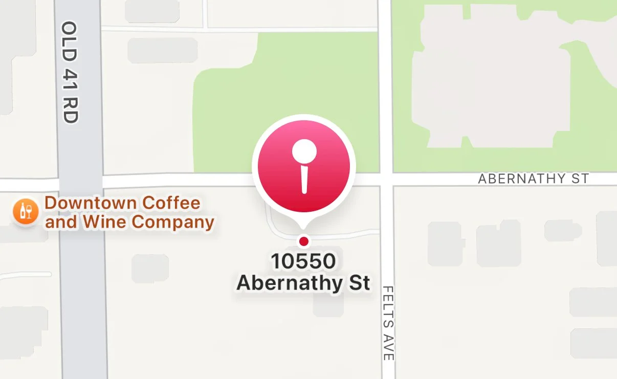 Map showing the location of 10550 Abernathy Street with an information icon, near Downtown Coffee and Wine Company on Old 41 Road, with surrounding streets Abernathy Street and Felts Avenue