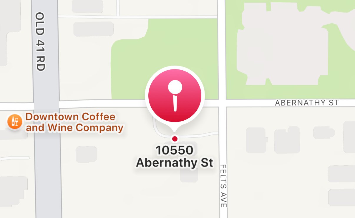 Map showing the location of 10550 Abernathy Street with an information icon, near Downtown Coffee and Wine Company on Old 41 Road, with surrounding streets Abernathy Street and Felts Avenue