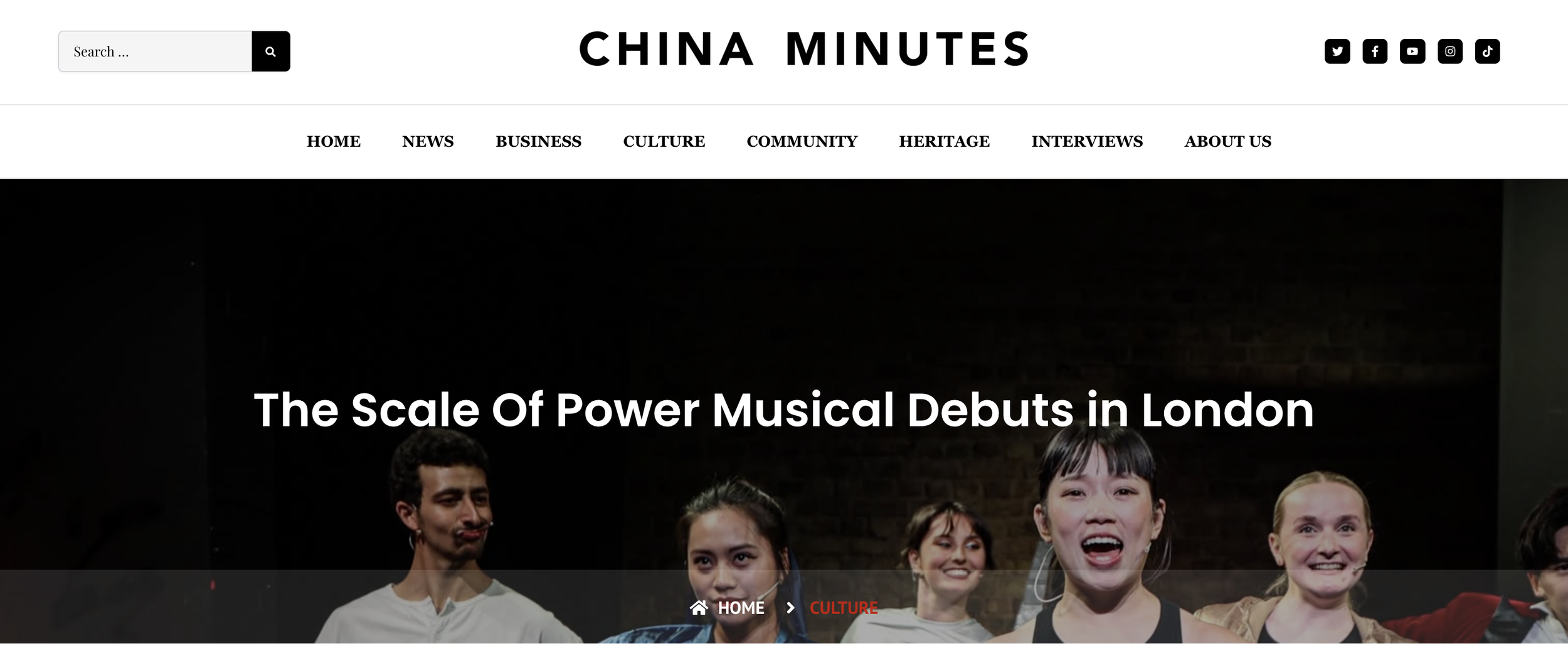 Screenshot of a website called China Minutes with a headline about the power of musical debuts in London. The webpage features a group of diverse young people smiling and appearing cheerful, set against a dark background.