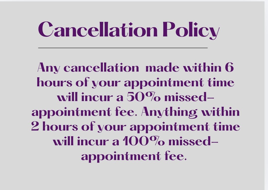 ✨ due to an increase demand on bookings im bringing in a cancellation charge - I do understand things come up but with very late appointments cancellations it&rsquo;s hard to fill the slots.