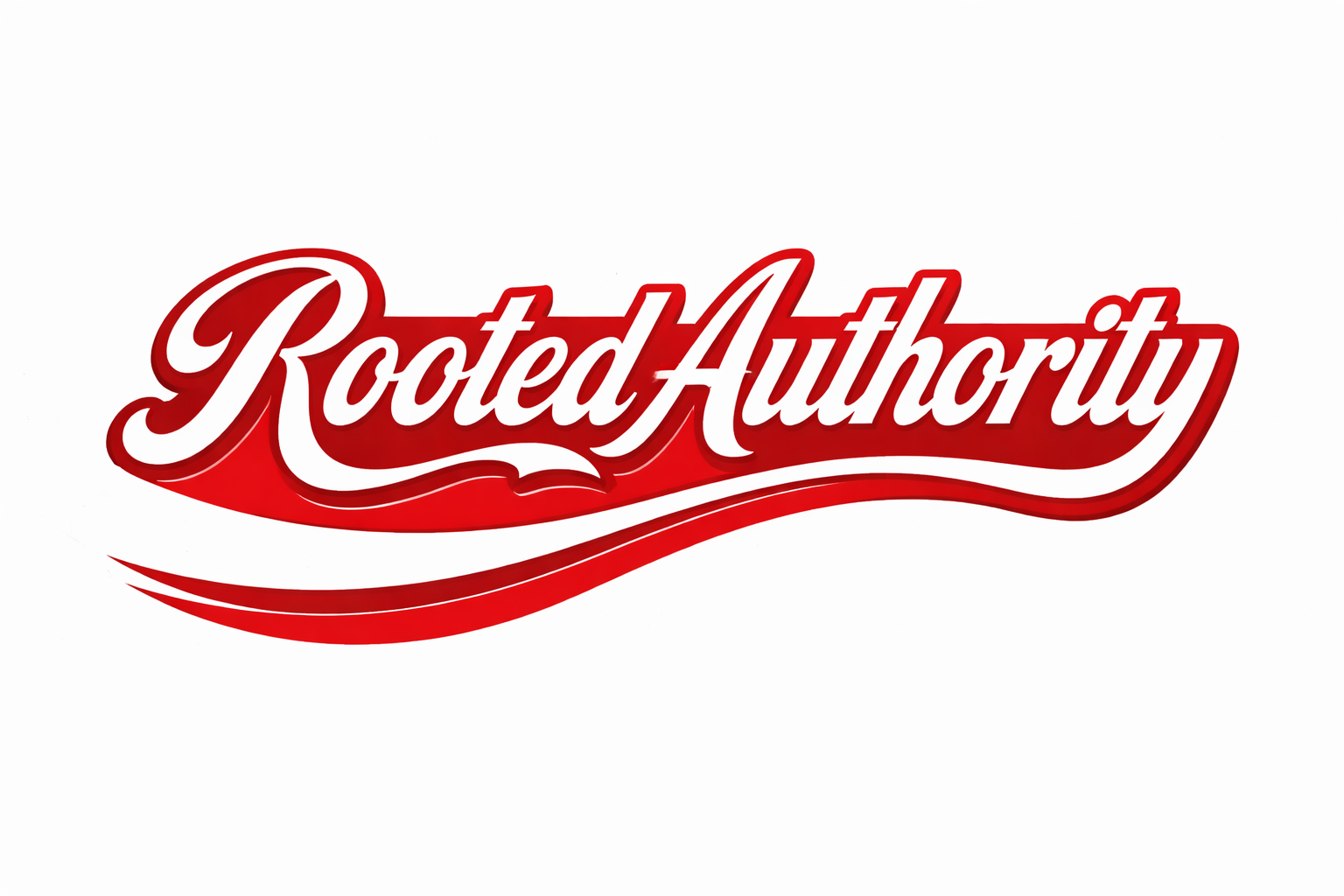 "Rooted Authority" rendered in Coca-Cola-style script