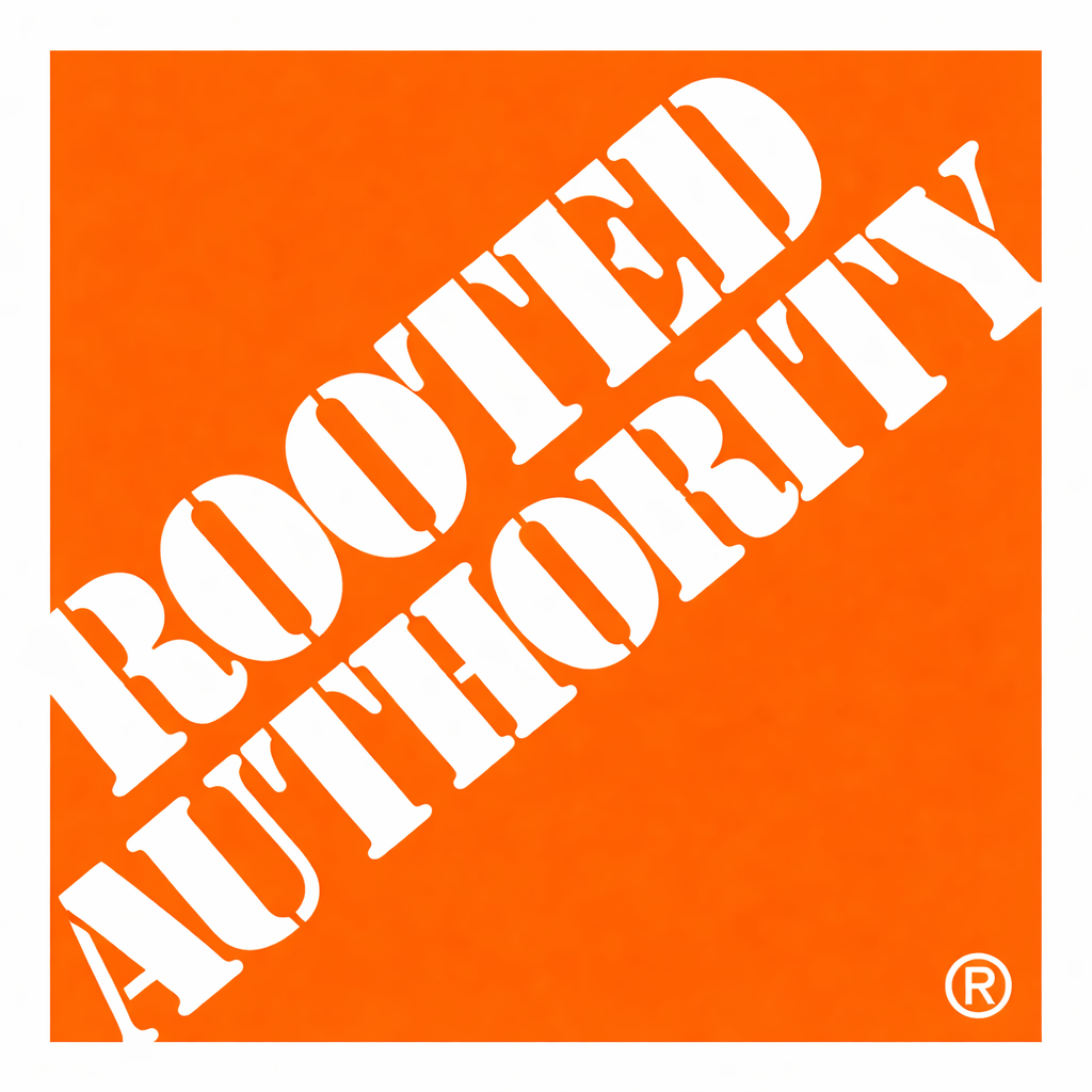 "Rooted Authority" rendered in Home Depot-style diagonal block typography