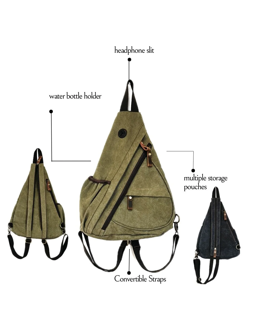 Diagram of a teardrop-shaped musical instrument bag with labeled features: headphone slit at the top, water bottle holder on the side, multiple storage pouches, and convertible straps at the bottom. Two smaller bags of similar shape are shown on either side.