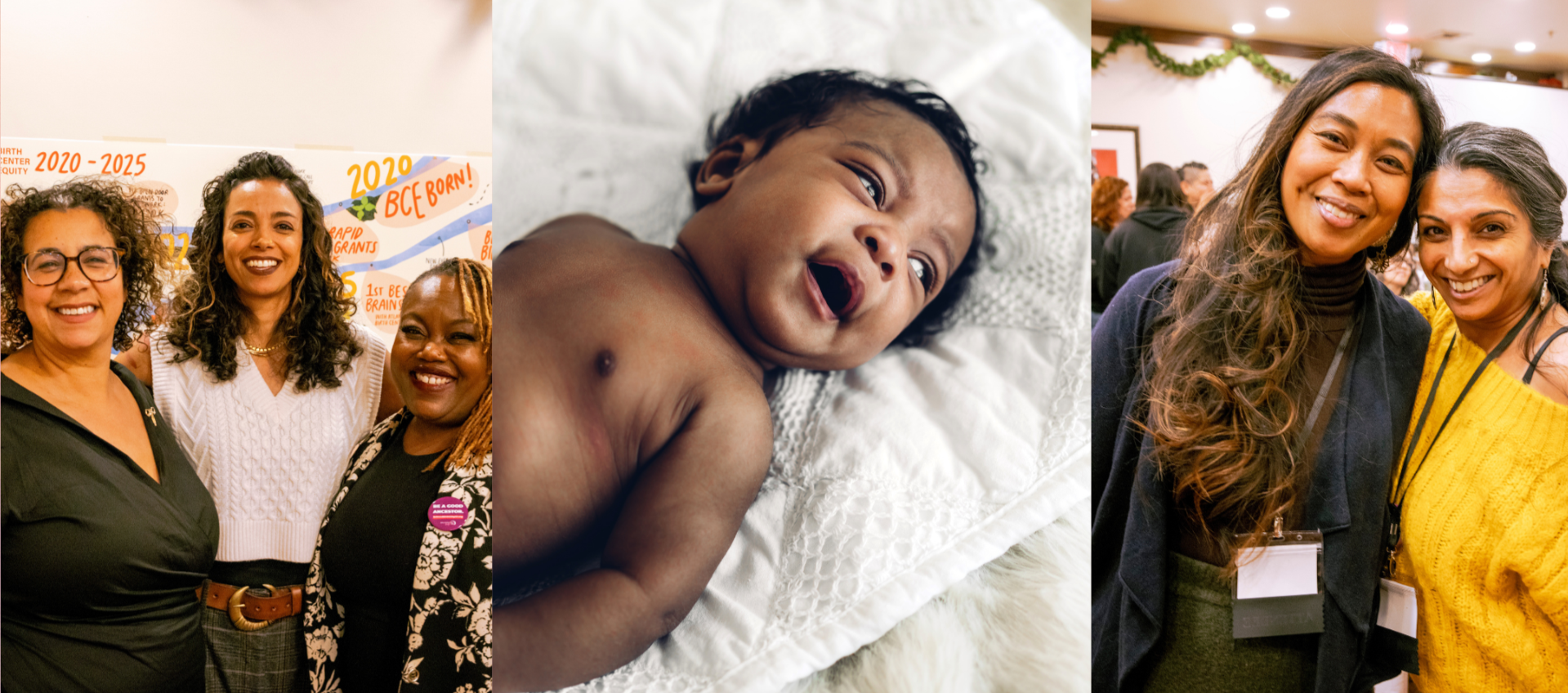 baby smiling, two women standing side by side smiling