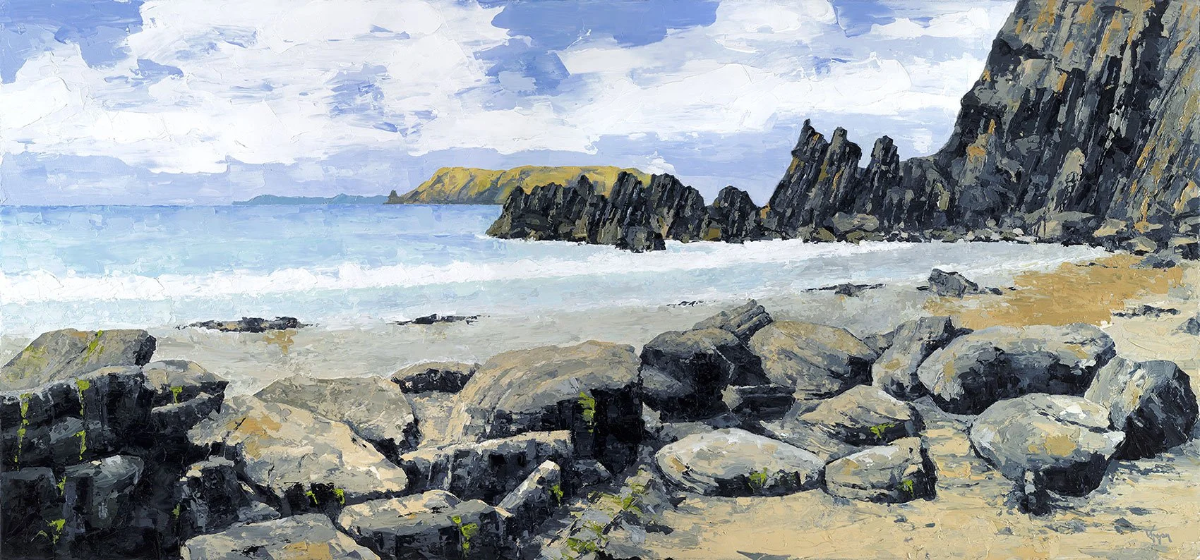 A painted seascape featuring rocky shoreline, ocean waves, and cliffs under a cloudy sky in pembrokeshire.