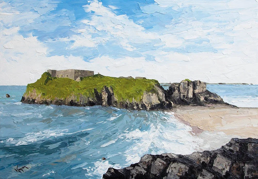 A painted scene of a coastal landscape featuring green grassy cliffs with an old stone fortress on top, surrounded by blue ocean waves and a sandy beach, under a partly cloudy sky.