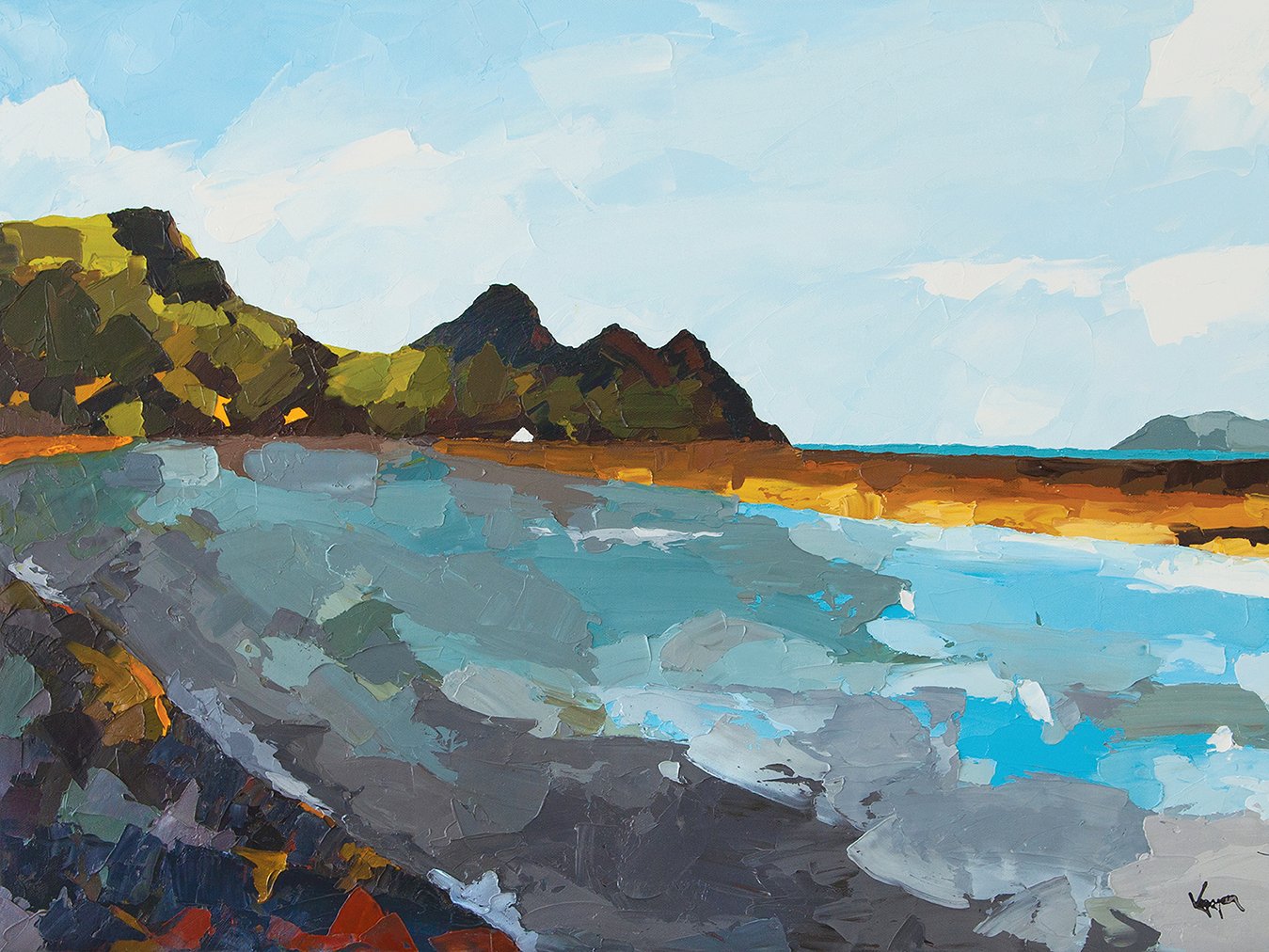 Oil painting of a coastal landscape featuring a large green hillside on the left, a sandy beach, blue ocean waves, and a distant island under a partly cloudy sky.