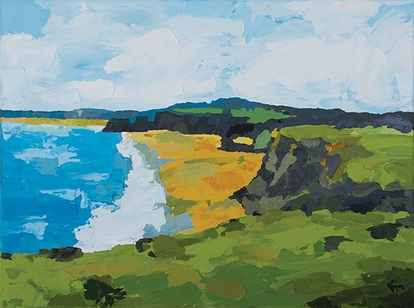 Impressionistic painting of a coastal landscape with green cliffs, a beach, and the ocean under a blue sky with clouds.