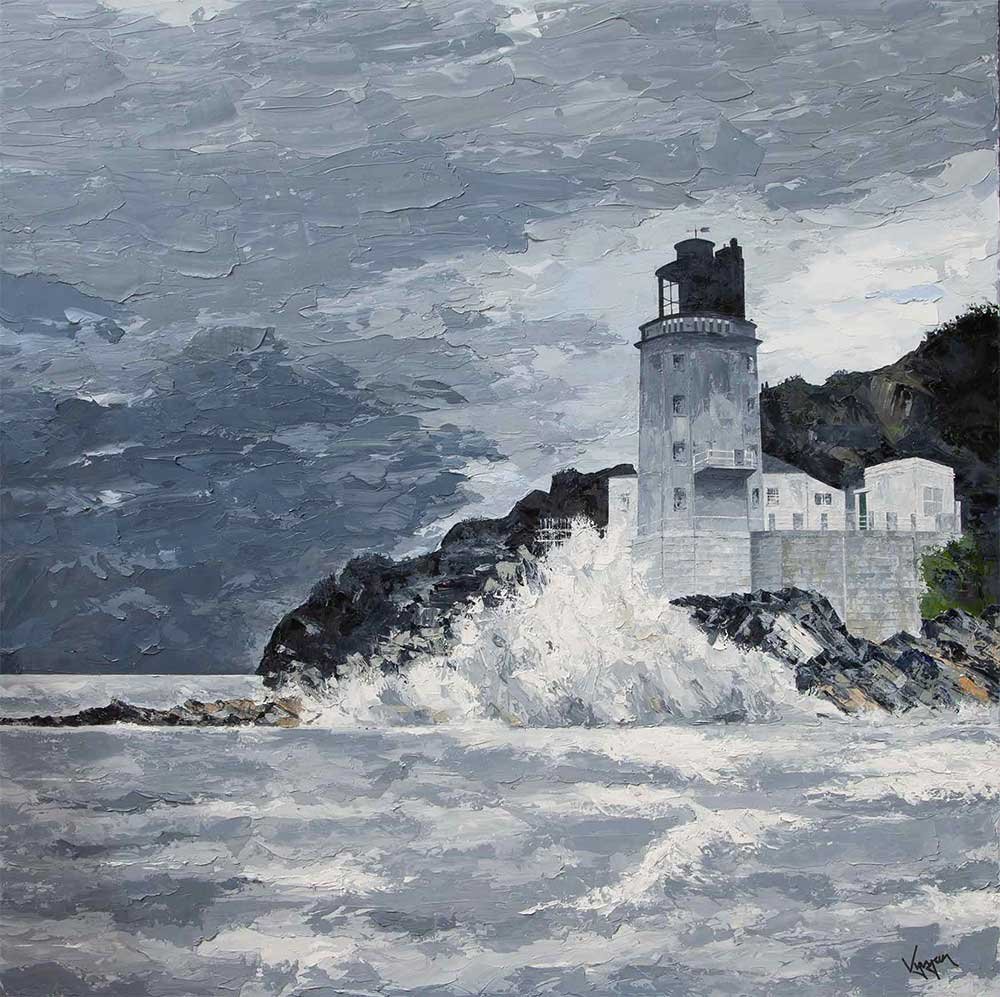 A painted scene of a lighthouse on a rocky coast during a storm, with dark cloudy skies and rough waves. ST ANTHONY'S LIGHTHOUSE, CORNWALL