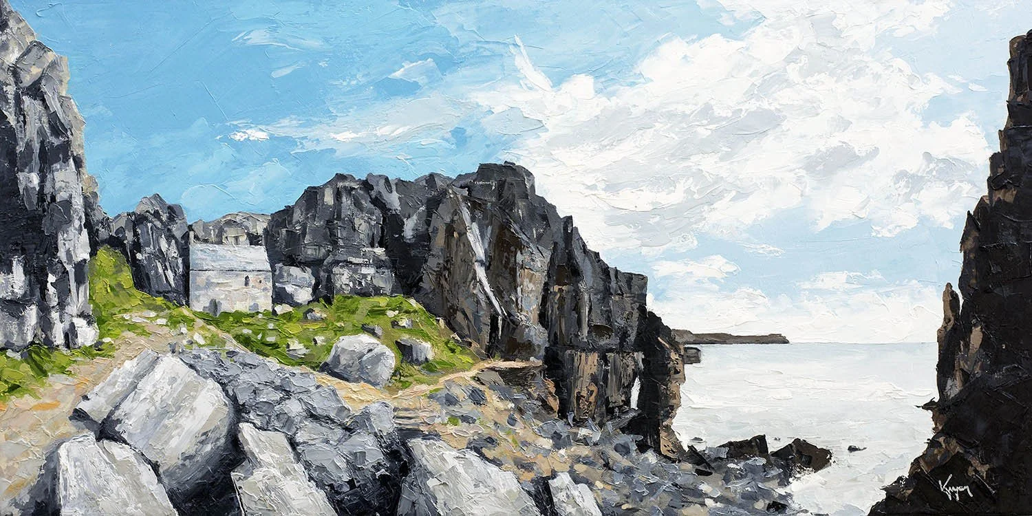 A oil painting of a rocky coastal landscape with cliffs, green grass, and a partly cloudy sky over the ocean.