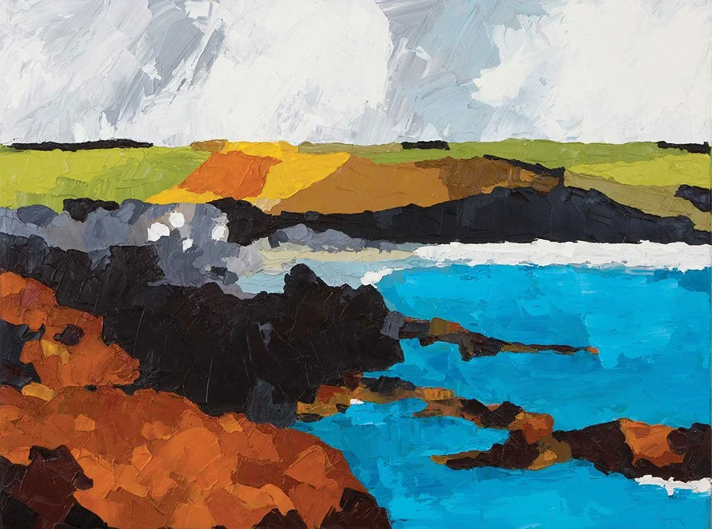 Oil painting of a coastal landscape with rocky shoreline, blue water, grassy green fields, and a cloudy sky. ABEREIDDY, PEMBROKESHIRE