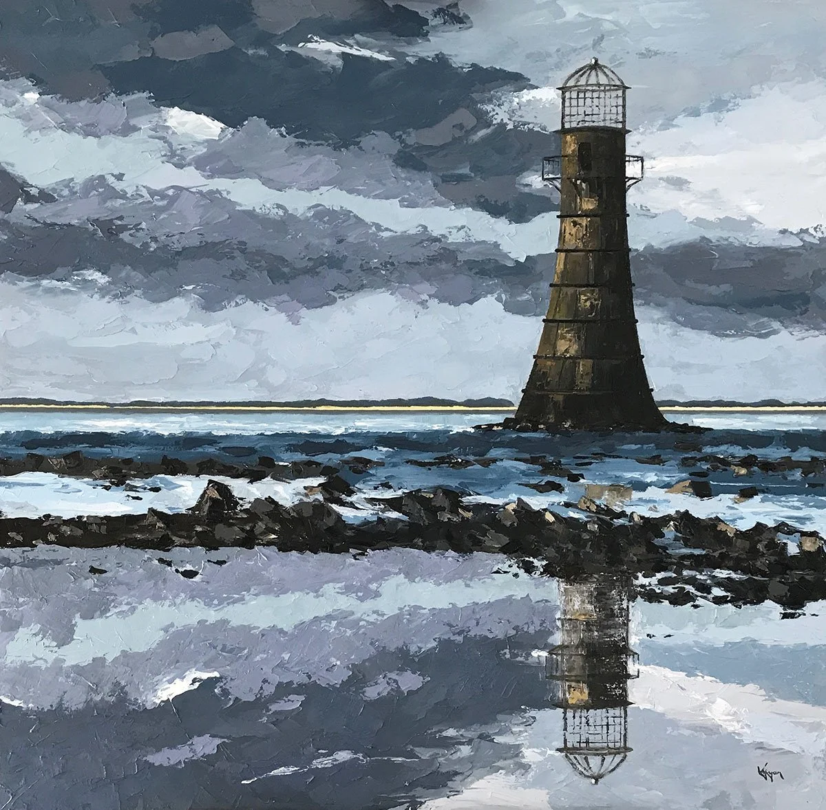 An oil painting of a solitary lighthouse on a rocky shore with dark, cloudy skies reflected in the water.