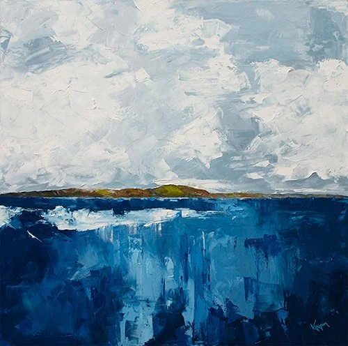Abstract painting of a seascape with a cloudy sky, a distant landmass, and deep blue ocean.