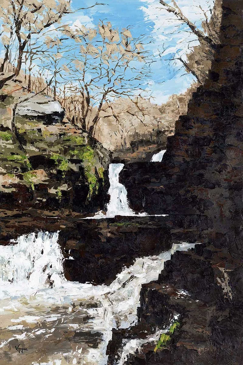 A landscape painting of a river flowing through a rocky canyon with leafless trees and a bright blue sky. Brecon Beacons